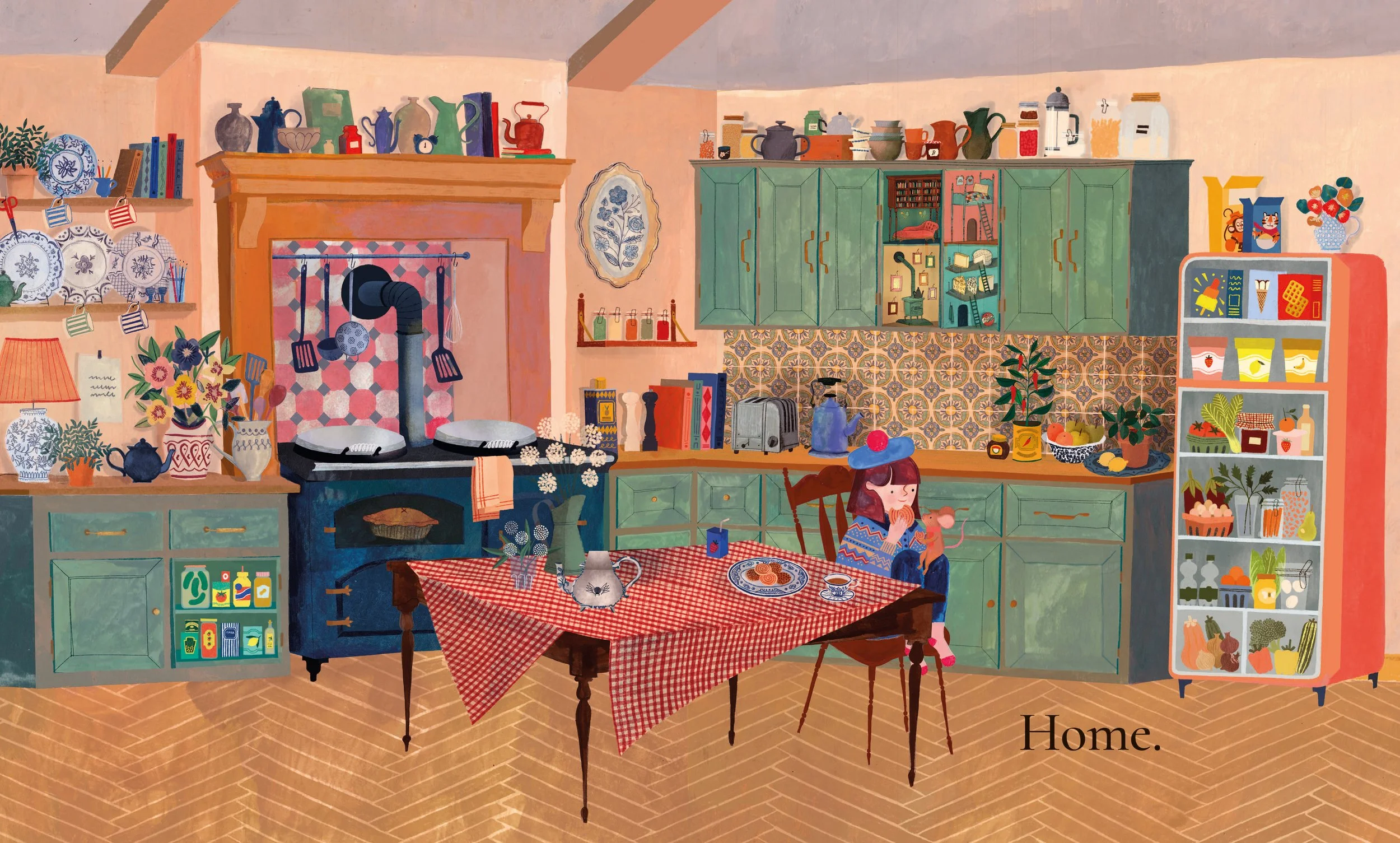 A cozy kitchen with green cabinets, a patterned backsplash, and a wooden table with a red checkered tablecloth. There is a girl sitting at the table eating, surrounded by various kitchen items, plants, and decorative objects.