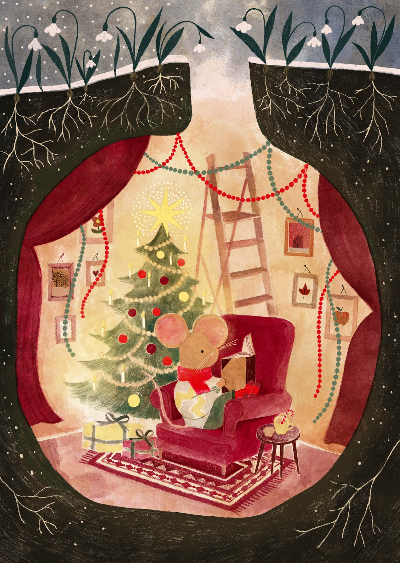 A cozy living room scene viewed through an oval-shaped window with black and white snowflake decorations. Inside, there is a decorated Christmas tree with a star on top, candles, red ornaments, and wrapped gifts underneath. A small mouse wearing a re