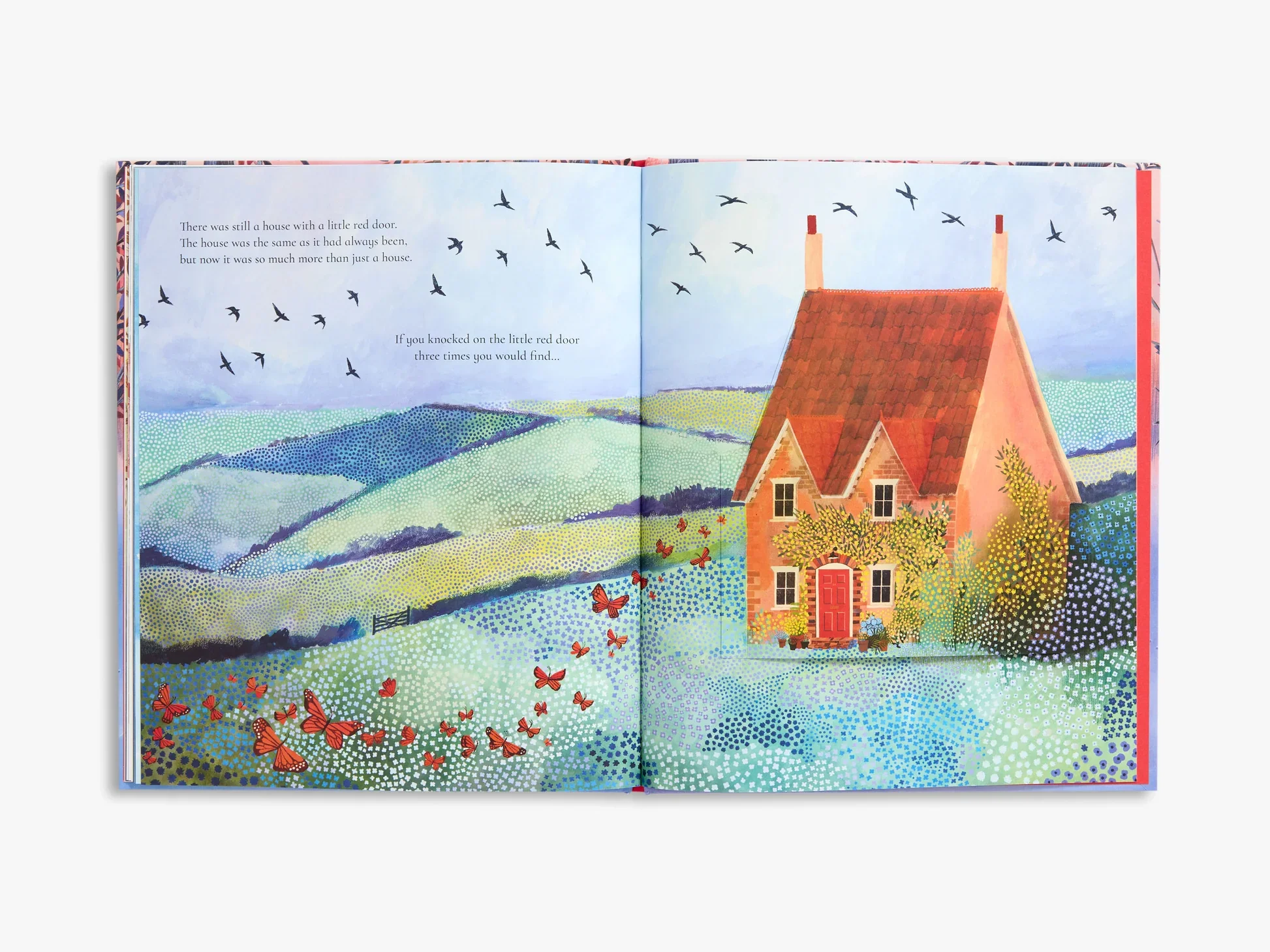 Colorful illustrated children’s book open to a scene of a house with a red door, surrounded by green grass, flowers, and butterflies, with a sky filled with flying birds and distant rolling hills.