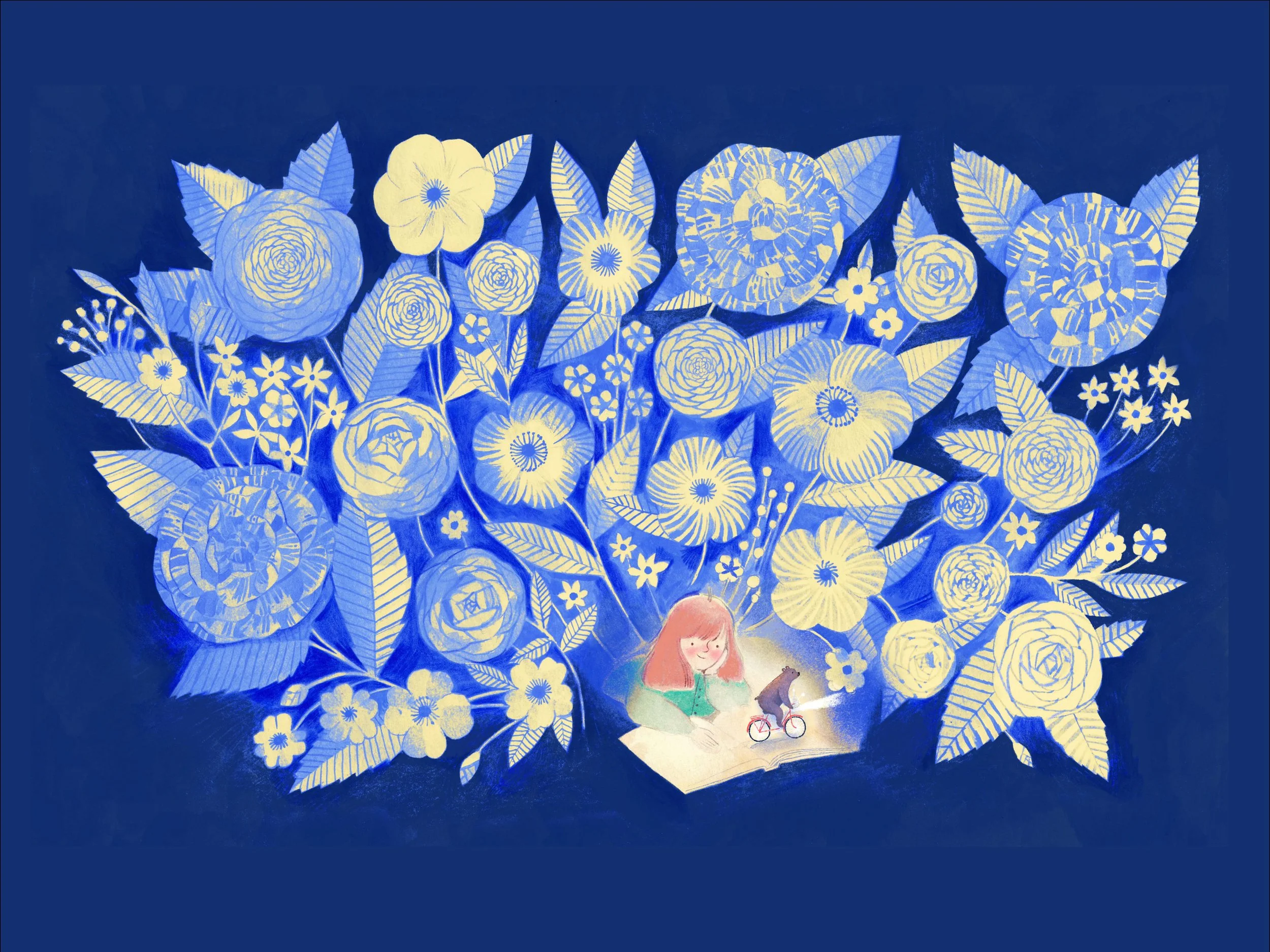 Colorful artwork featuring blue and yellow flowers and leaves, with a small illustration of a girl riding a bicycle at the bottom center.