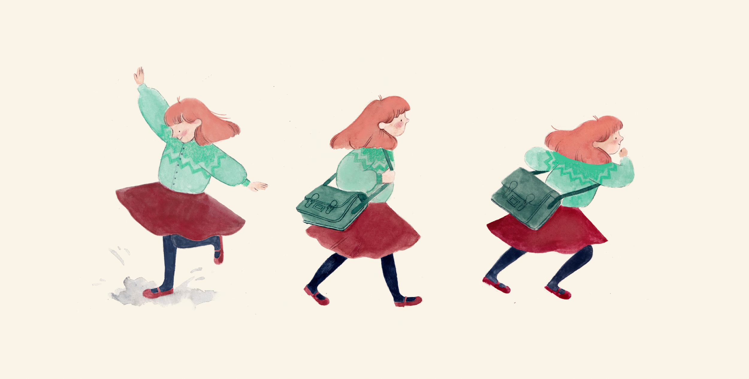 Illustration of a girl with red hair in a green sweater and red skirt, walking with a backpack, switching from trudging to skipping.