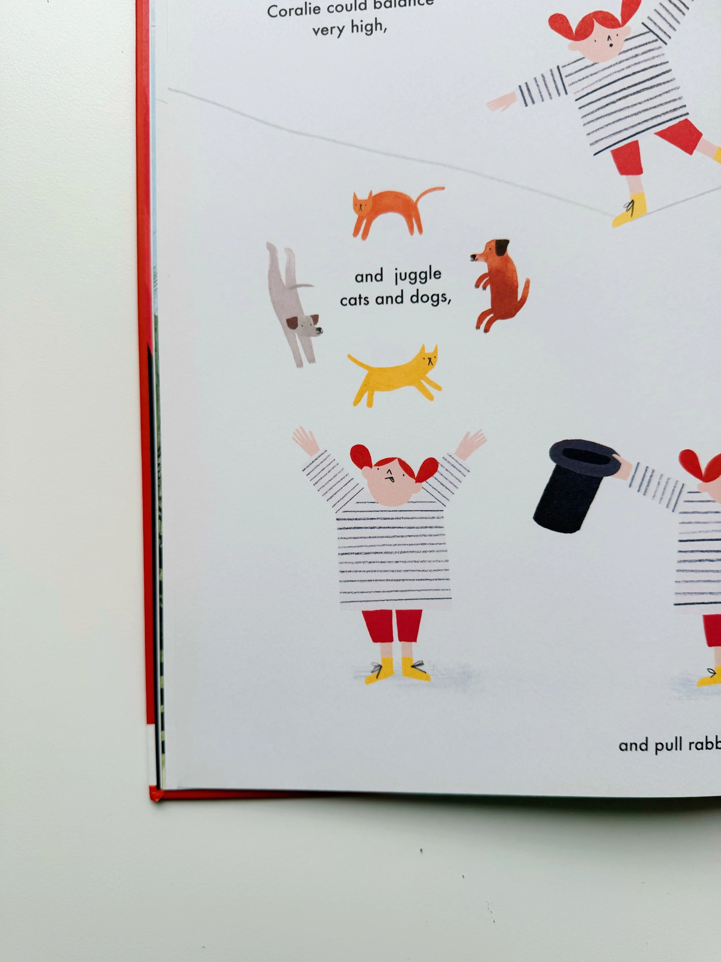 Illustration of a girl with red hair in a striped shirt and red shorts, holding a magician's hat, with small illustrated cats and dogs around her, and some text about balancing and juggling animals.