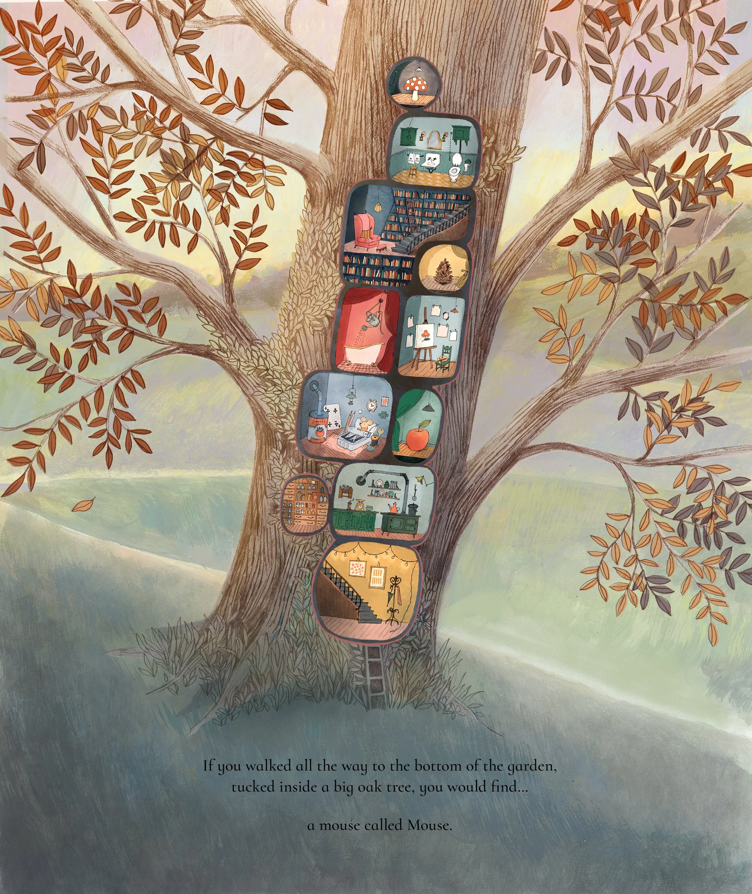 A large tree with many brown leaves and a ladder leading to a series of interconnected rooms in the branches. Each room contains various furniture and household items, creating a cozy, whimsical dwelling inside the tree.