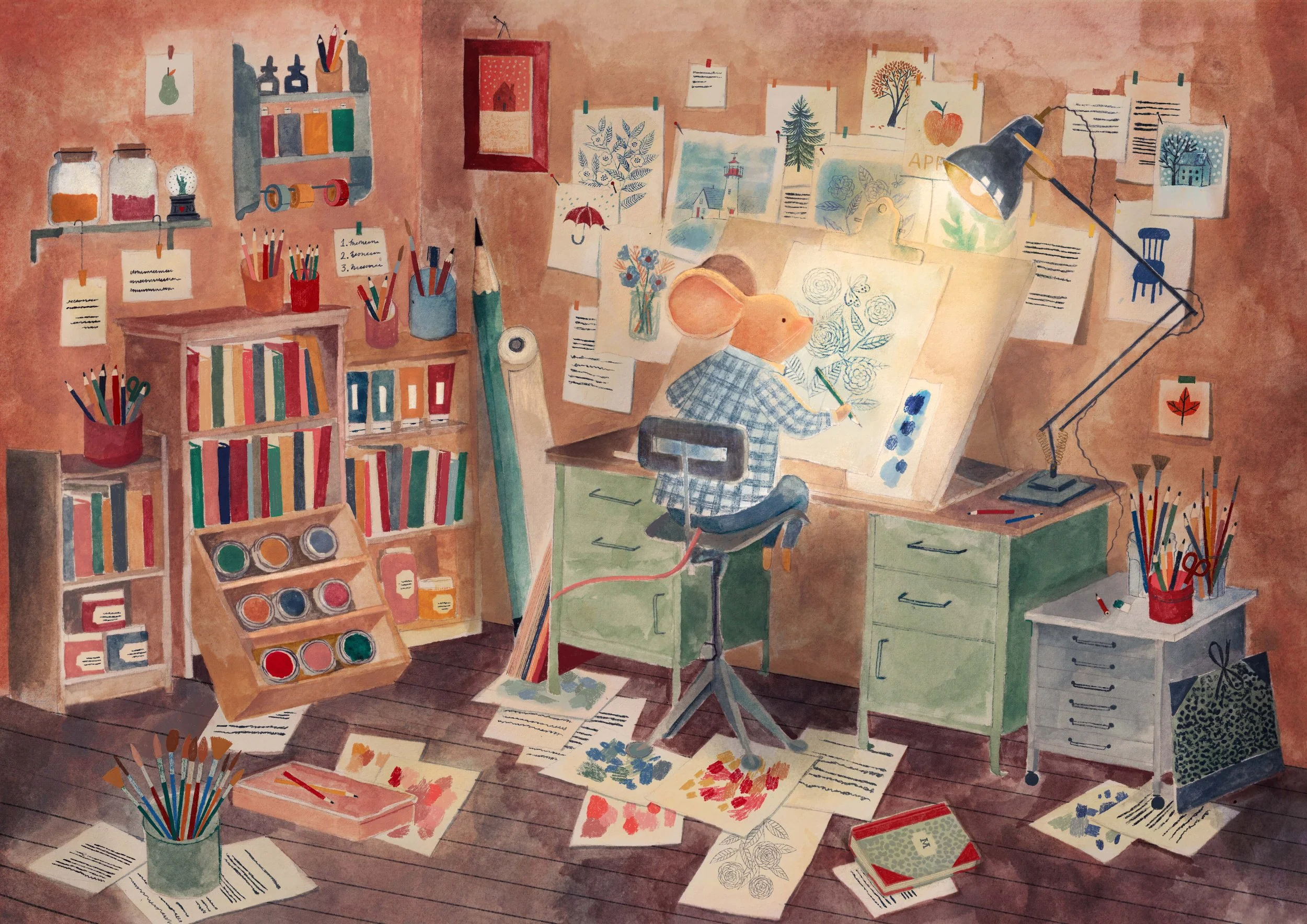 Watercolor illustration of an artist's workspace with sketches, paintings, and art supplies scattered around. A person with a mouse head and a checkered shirt is working on a drawing at an easel. Shelves with books, jars of paint, and art tools, alon