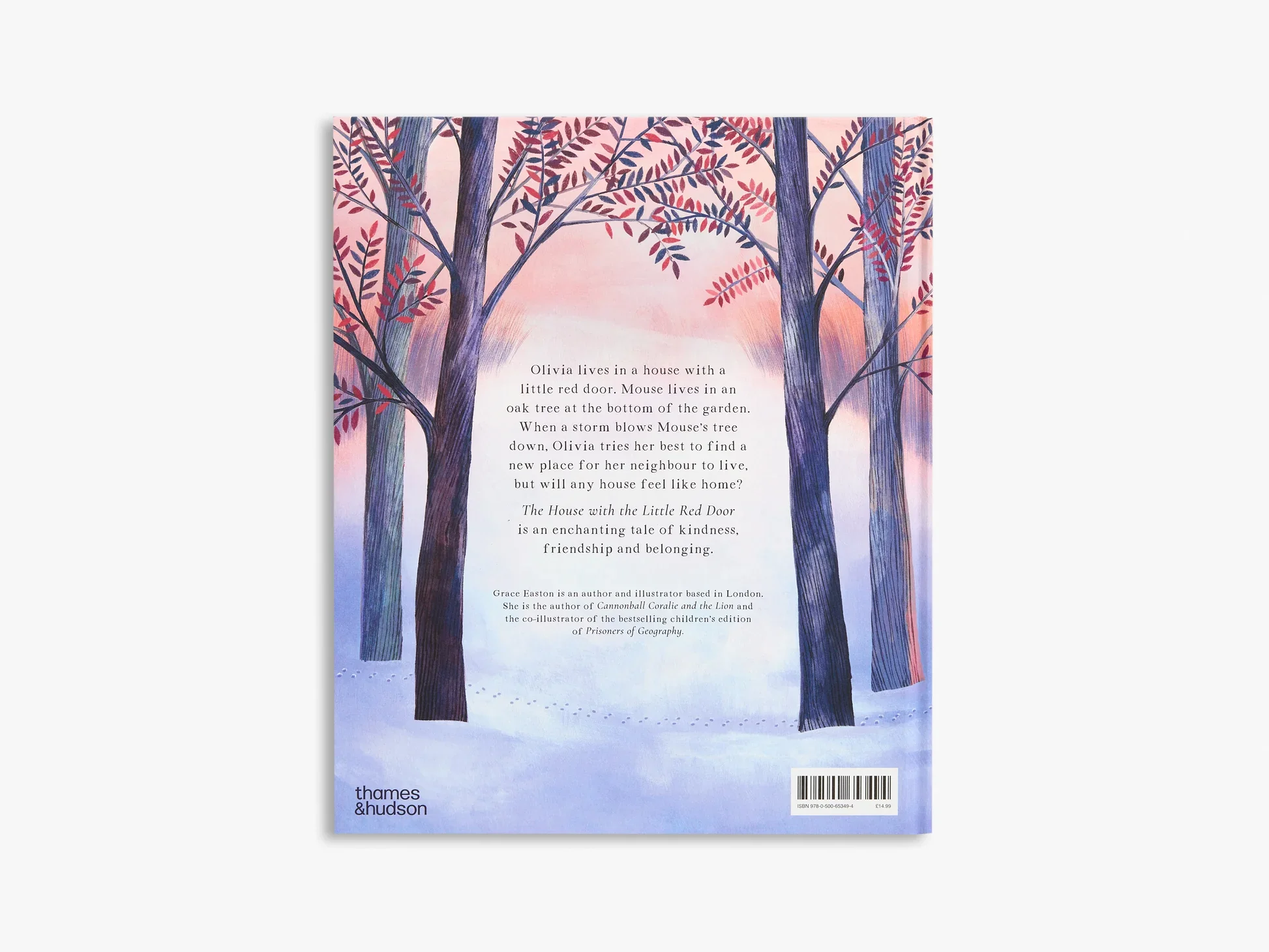 Back cover of a children's book with an illustration of trees with purple trunks and branches, pink and purple leaves, and a pastel pink and purple sky background. Text describing the story of Olivia and Mouse in a garden scene. Publisher information