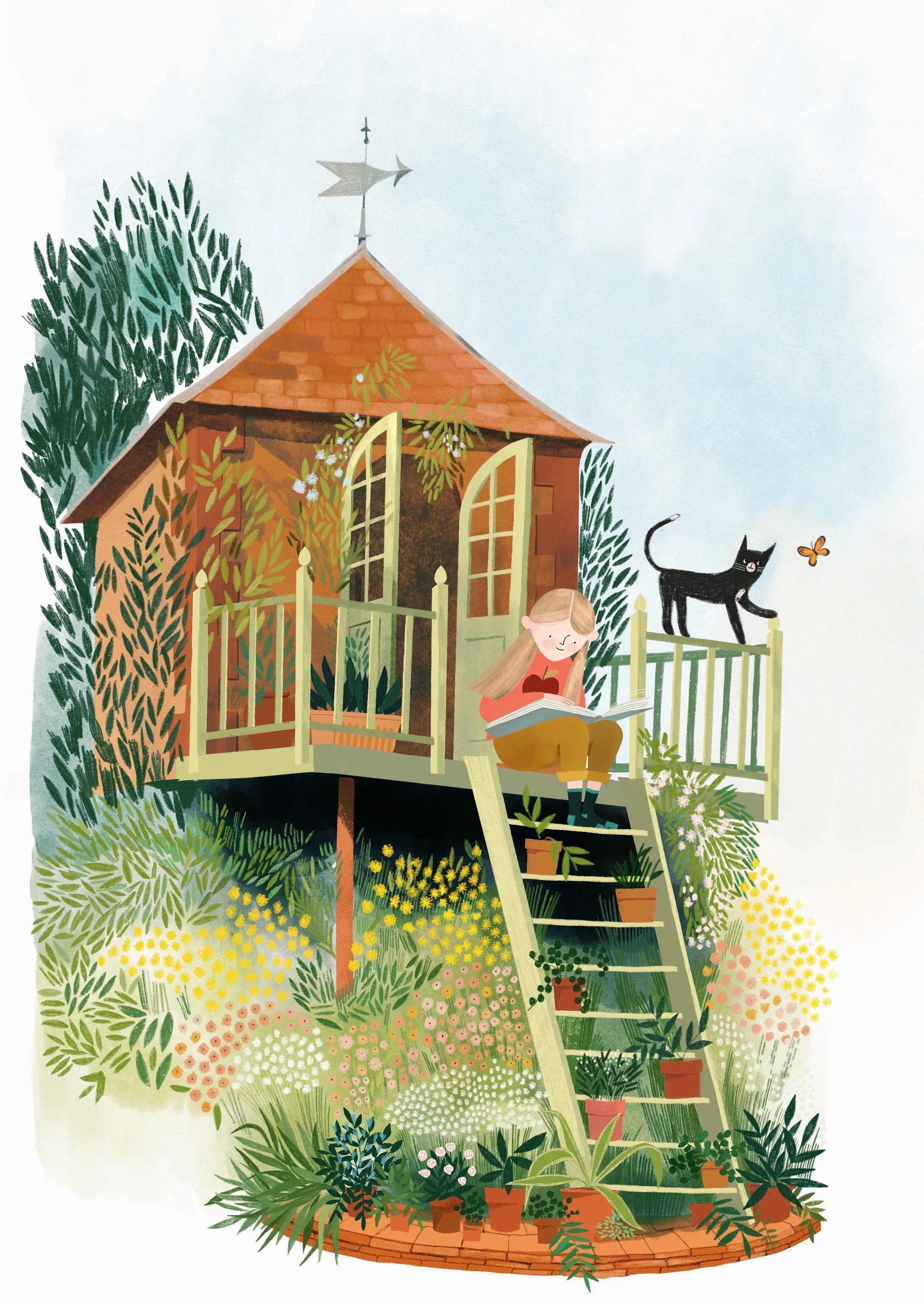 Illustration of a girl reading a book on a garden staircase in front of a treehouse surrounded by colorful flowers and lush greenery, with a black cat and a butterfly nearby.