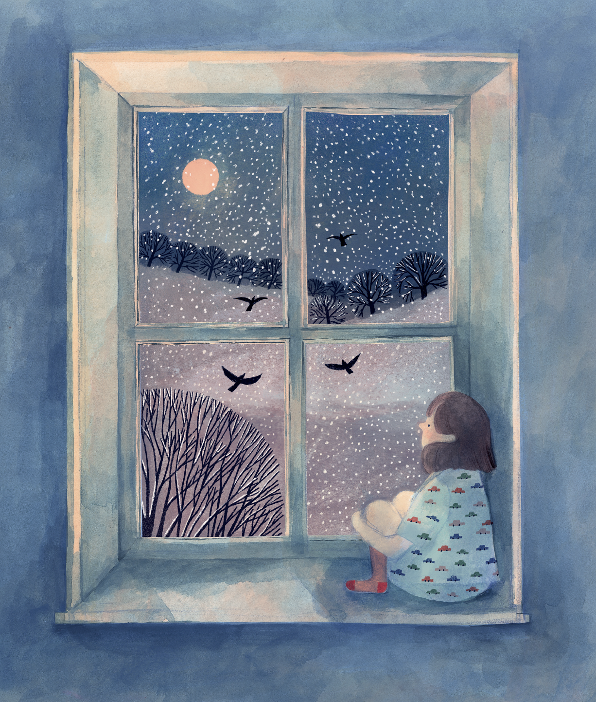 A girl sitting on a window sill, gazing at a winter scene outside with snow falling, trees, and birds flying.