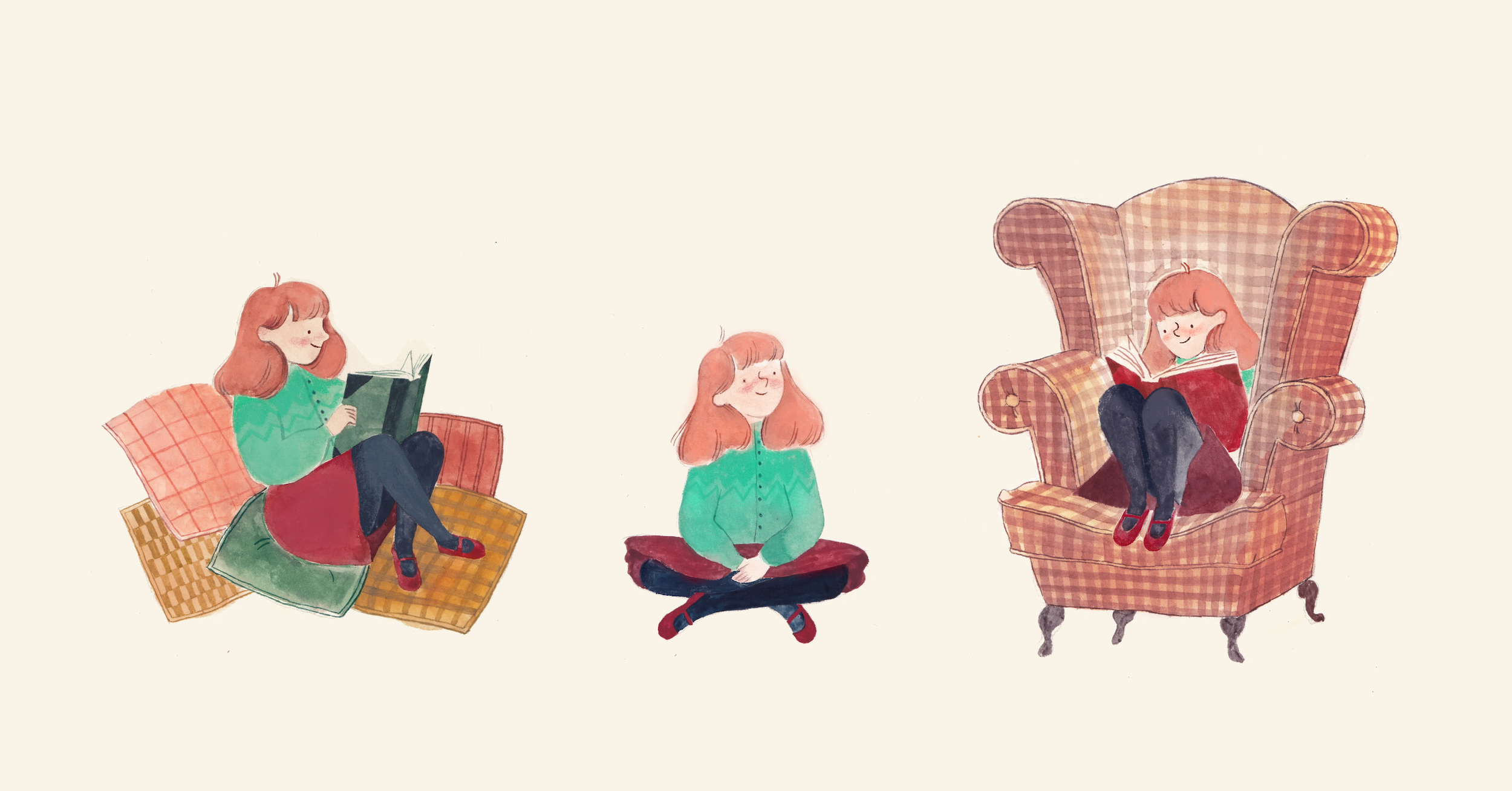 Illustration of three young girls with red hair, dressed in colorful clothing, sitting and reading in different positions, with a plain light background.