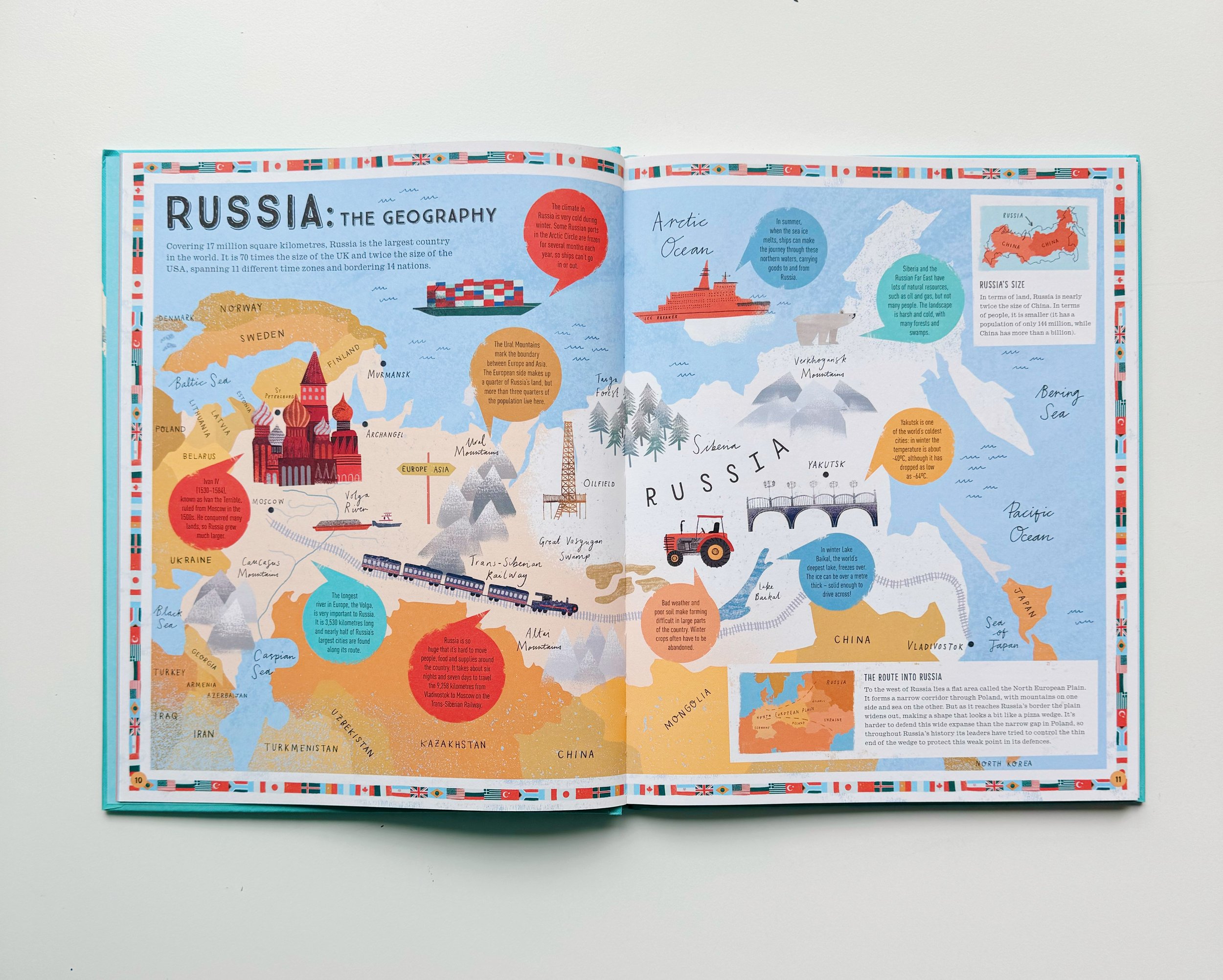Open illustrated book showing a map of Russia and surrounding regions, with labels, illustrations, and informational text.