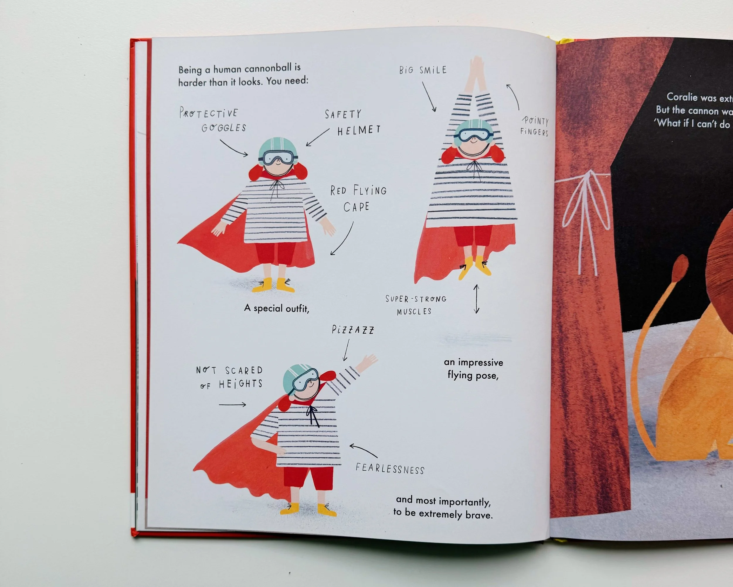 Illustration of a child dressed as a superhero with a striped shirt, red cape, goggles, and red shorts, demonstrating a flying pose with arms raised and a big smile.