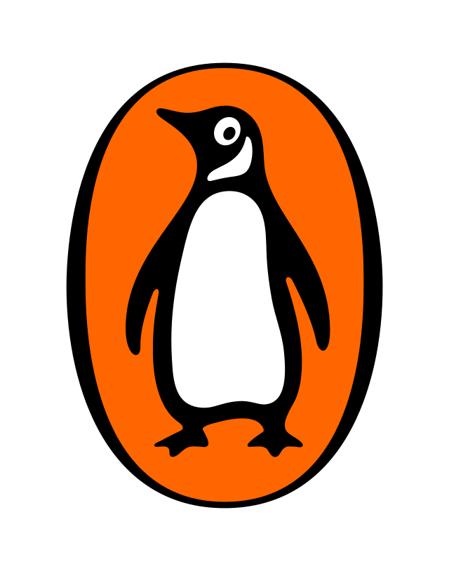 Black and white penguin illustration on orange oval background.