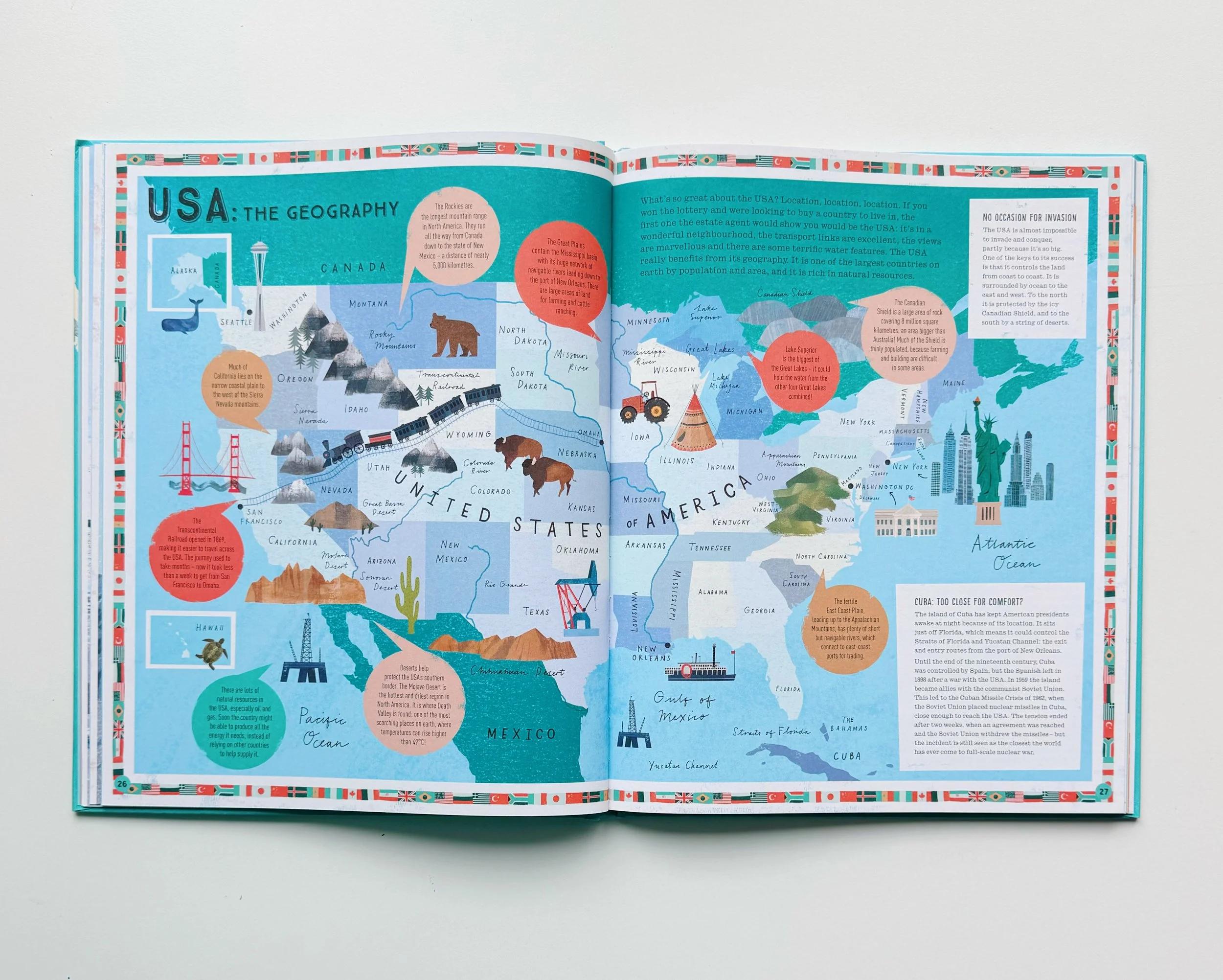 Open illustrated travel map of the United States showing states, geographical features, landmarks, and transportation icons, with detailed descriptions about USA geography and notable sites.