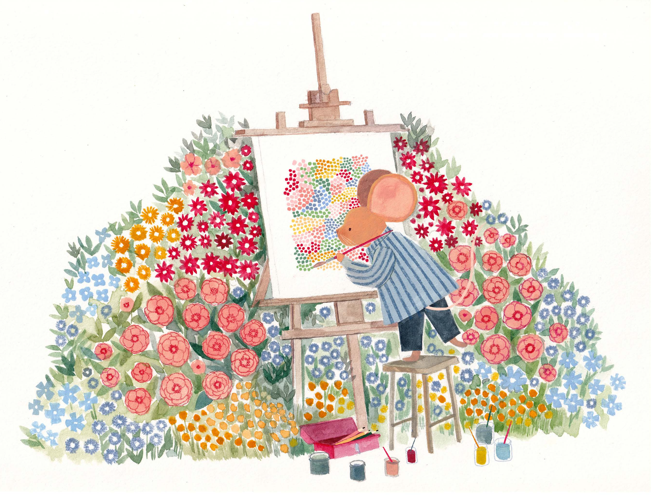 Watercolor illustration of an artist painting a colorful floral scene on an easel. The artist is wearing a striped shirt and standing on a small stool. Surrounding the artist are various flower arrangements and painting supplies, including paint cans