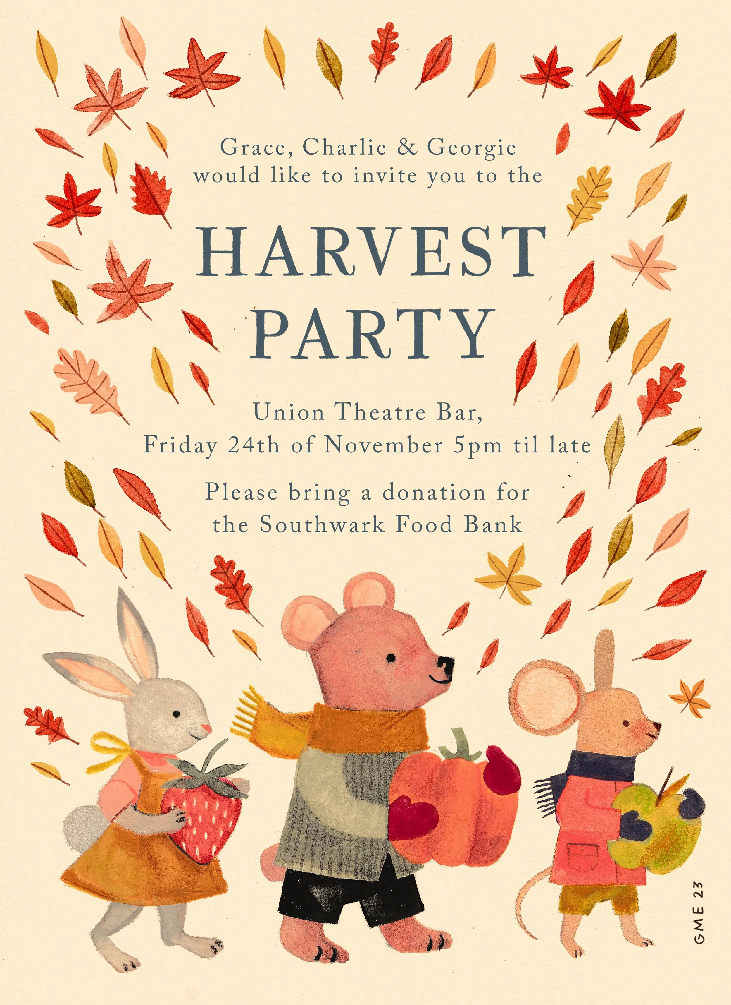 Invitation with autumn leaves and illustrated animals including a rabbit, a bear, and a mouse, for a harvest party at Union Theatre Bar on Friday, November 24th at 5 pm, requesting donations for the Southwark Food Bank.
