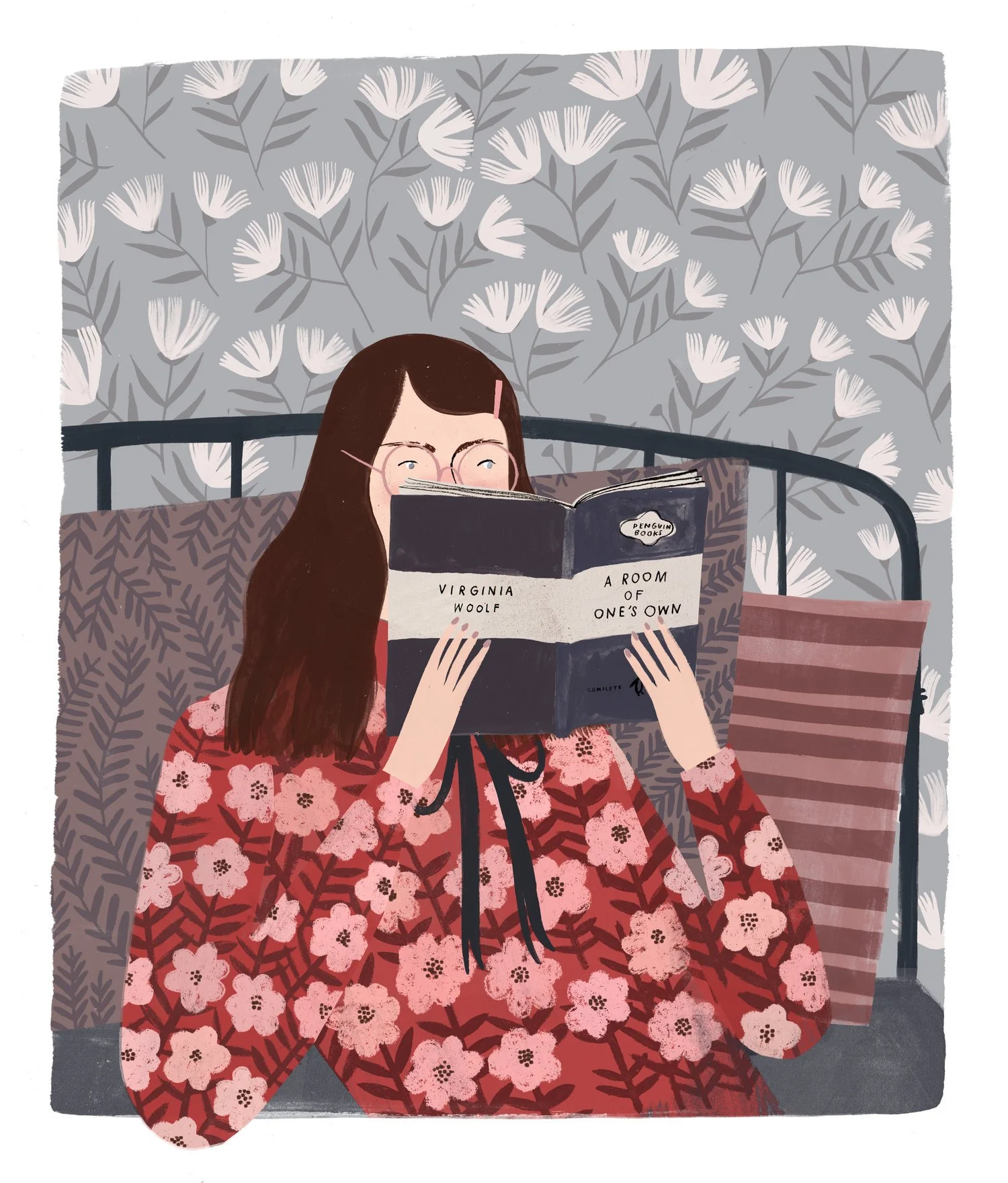 Illustration of a girl with long brown hair, pink glasses, wearing a red floral dress, lying in bed and reading a book titled 'A Room of One's Own' by Virginia Woolf, with floral wallpaper background and pink striped pillow.