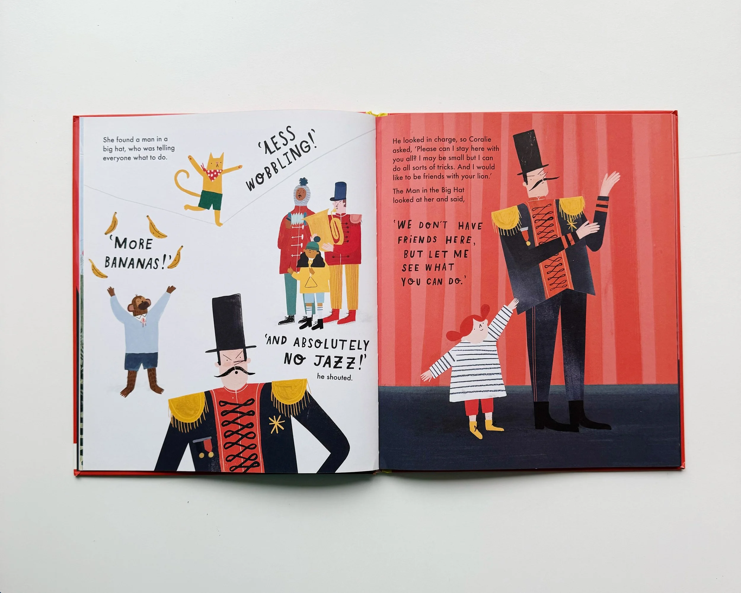 Illustrated children and adults dressed as circus performers, including a lion, a soldier, and a ringmaster, in a colorful circus scene from a children's book.