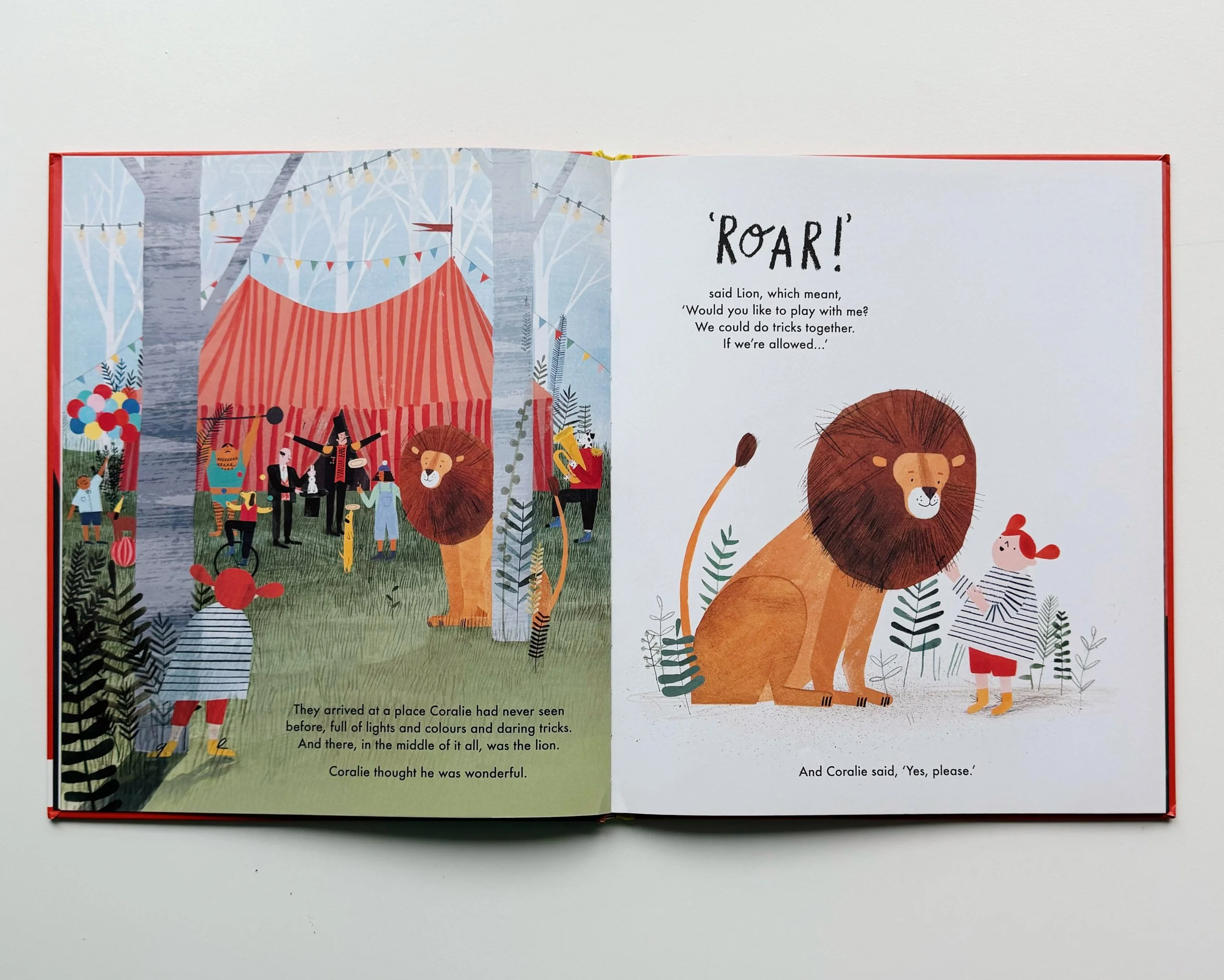 Illustration of a circus scene with trees, string lights, bunting, a red and white striped tent, people, a lion with a mane, and a girl in red shorts. The text says 'ROAR!' and a paragraph about arriving at a place called Coralie.