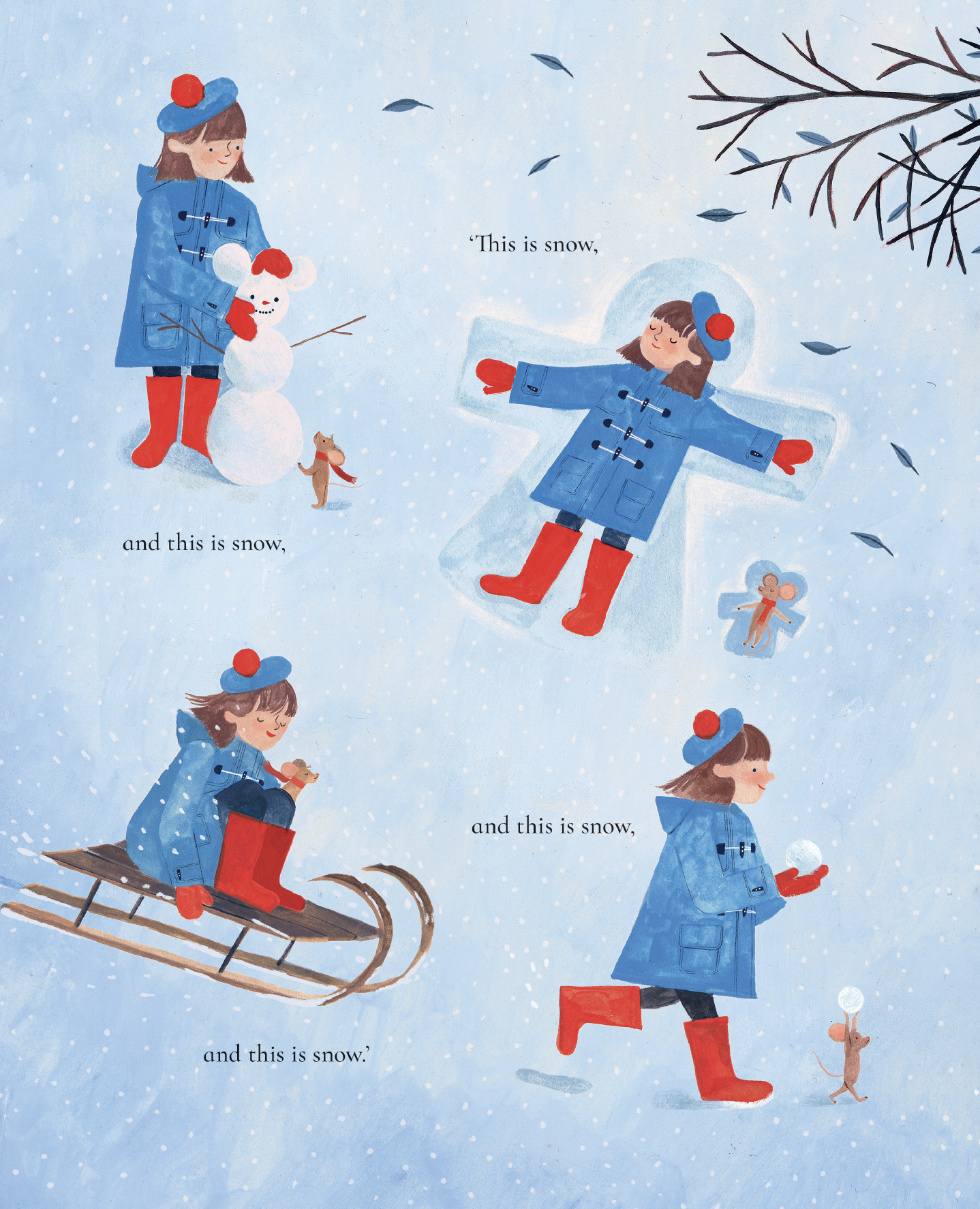 Children playing in the snow, building a snowman, sledding, and making snow angels in a snowy scene. They are dressed in blue coats, red gloves, and red boots, with some wearing blue hats with red pom-poms. The scene includes snow-covered ground, fal