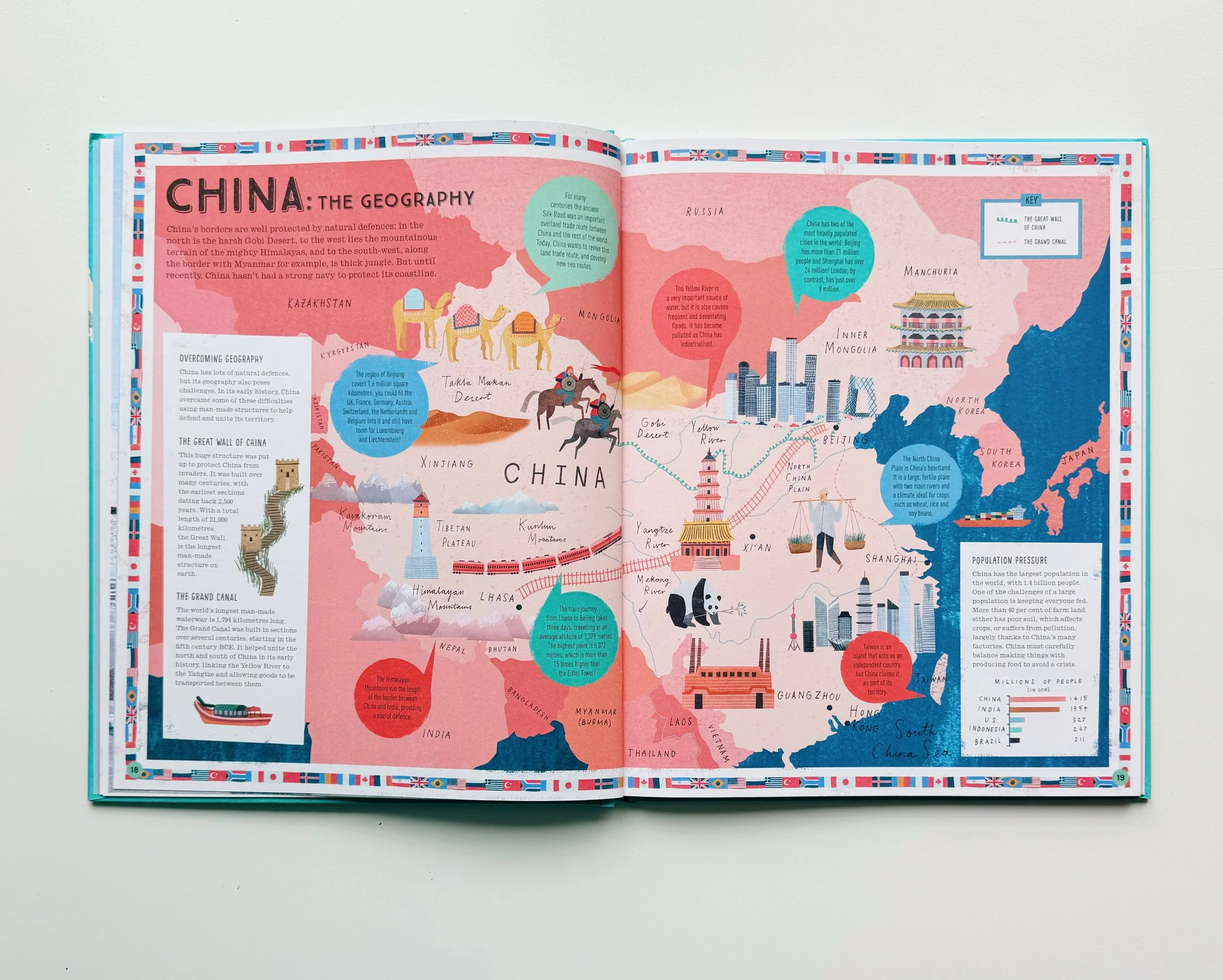 Open illustrated book displaying a map of China with colorful graphics and text. The map includes geographical regions, cities, and landmarks with icons such as elephants, temples, and a train. Borders are decorated with flags of various countries.