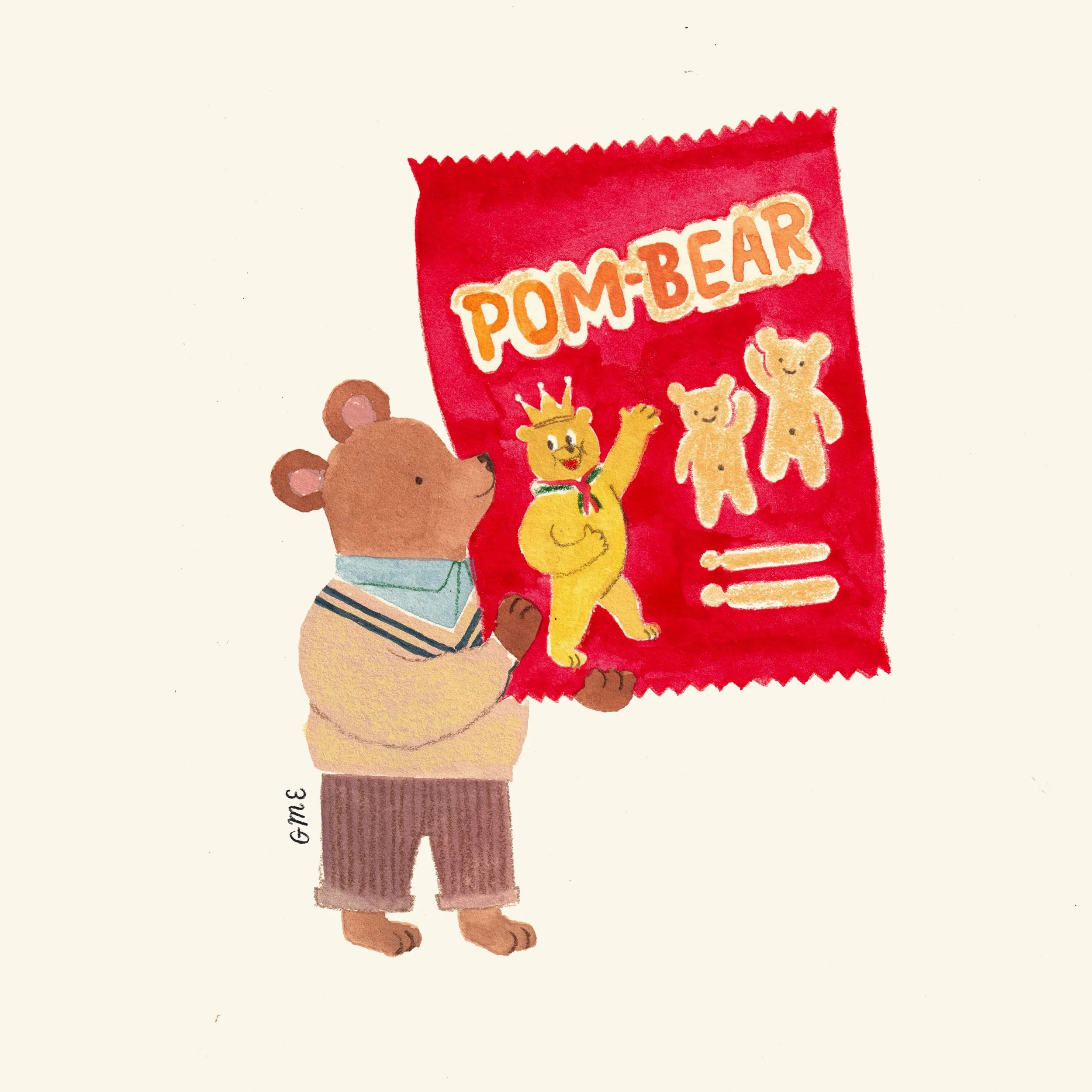 A drawing of a child with brown hair, wearing a green and white striped shirt and brown pants, holding a red packaged snack labeled "POM-BEAR" featuring bear characters.
