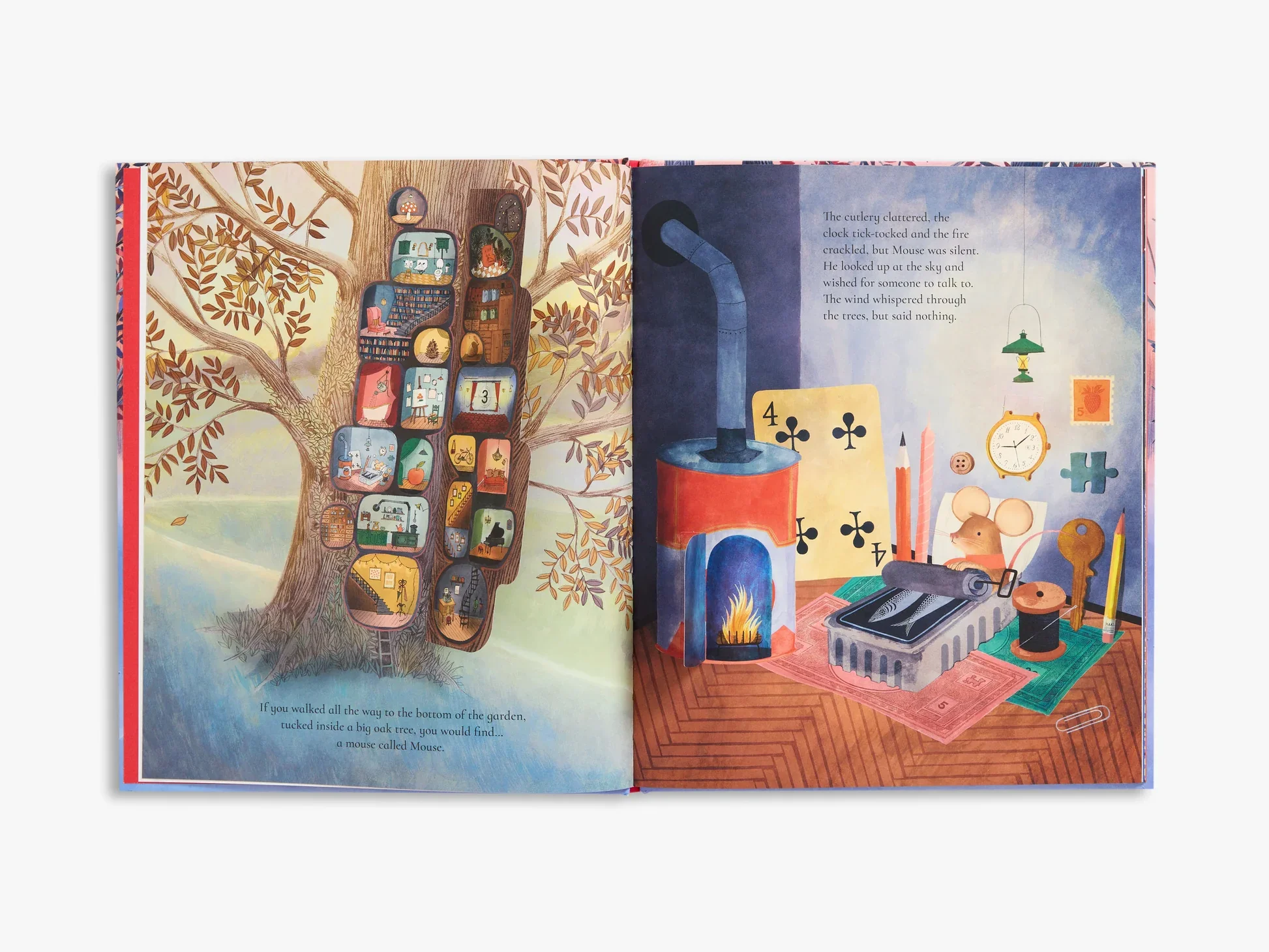 Open children's book showing a tree with various rooms inside its trunk, a cozy room with a fire and kettle, and a scene with a mouse sitting on a floor with toys, a clock, puzzle pieces, and craft supplies.