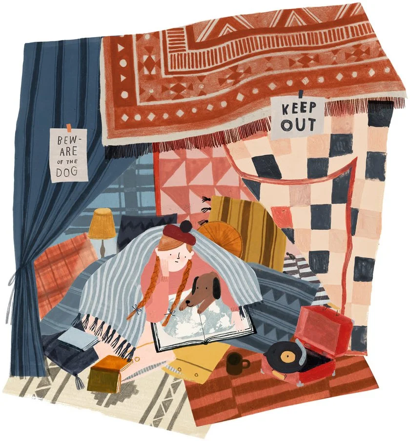 A girl with red hair, braids, and a black bow on her head lying on a bed with a dog, reading a book about dogs. The room is decorated with colorful rugs, wallpapers, and signs. There are curtains, a lamp, a record player, and pillows.