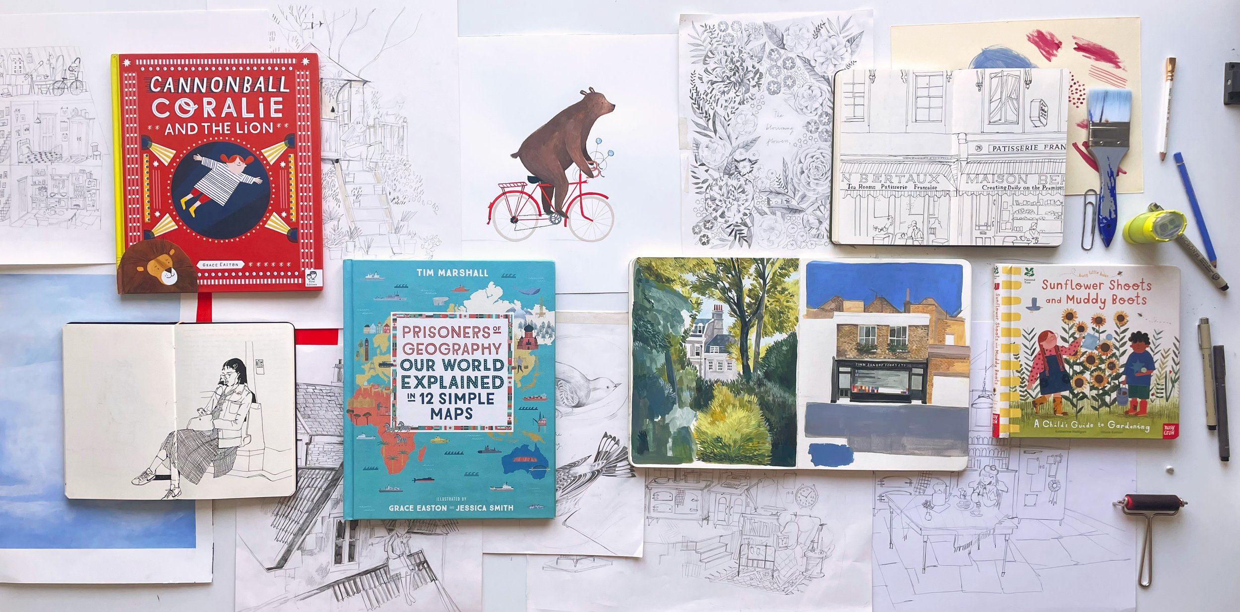 Flat lay of various illustrated books, sketches, and drawing tools on a white surface, including books about geography, gardening, and illustrations of buildings and nature.