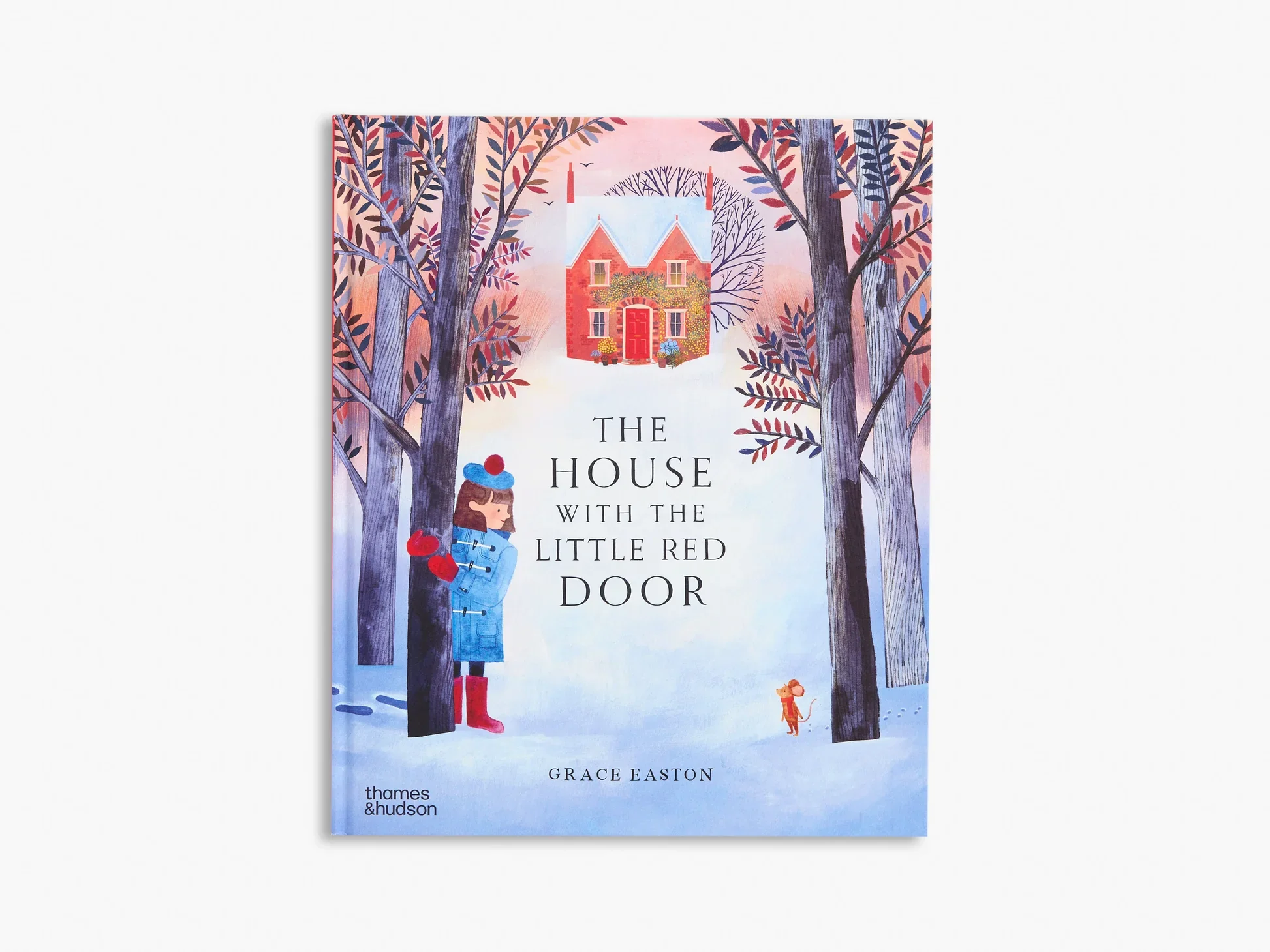Cover of a children's book titled "The House with the Little Red Door" by Grace Easton. The illustration features a small red house surrounded by trees and two children dressed in winter clothing, standing in a snowy landscape.