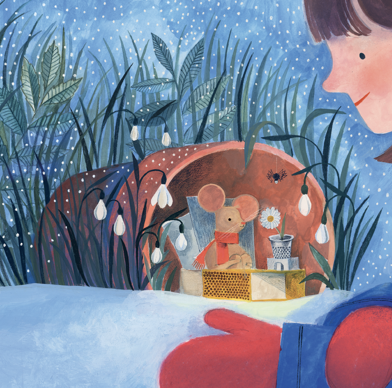 A whimsical illustration of a mouse wearing a red scarf sitting inside a cozy, leaf-covered hideout surrounded by tall grass and plants, with floating glowing lanterns and a smiling face in the sky.