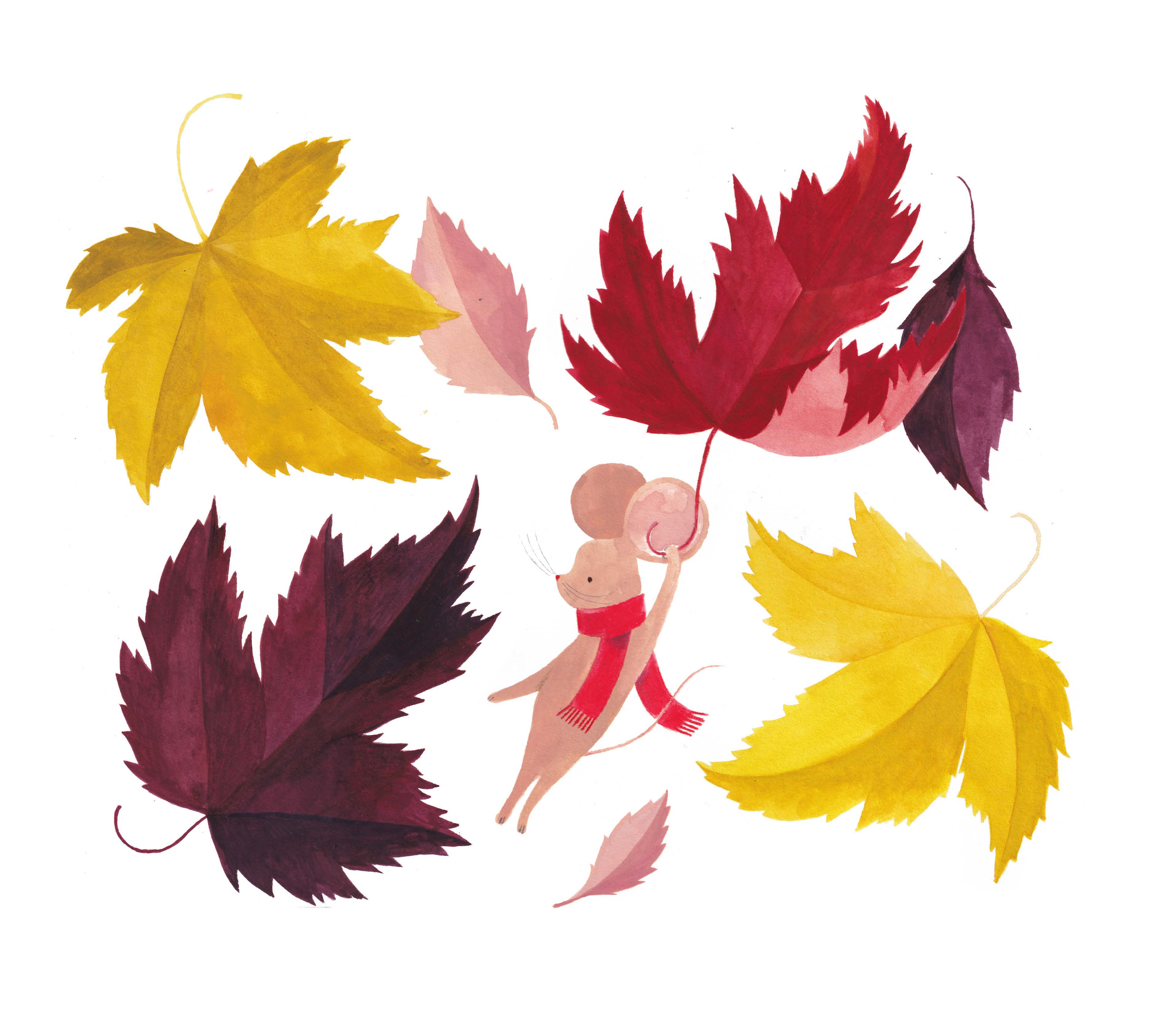 Watercolor painting of autumn leaves in yellow, pink, red, and purple, with a small cartoon girl with pink hair and red scarf reaching out to the leaves.