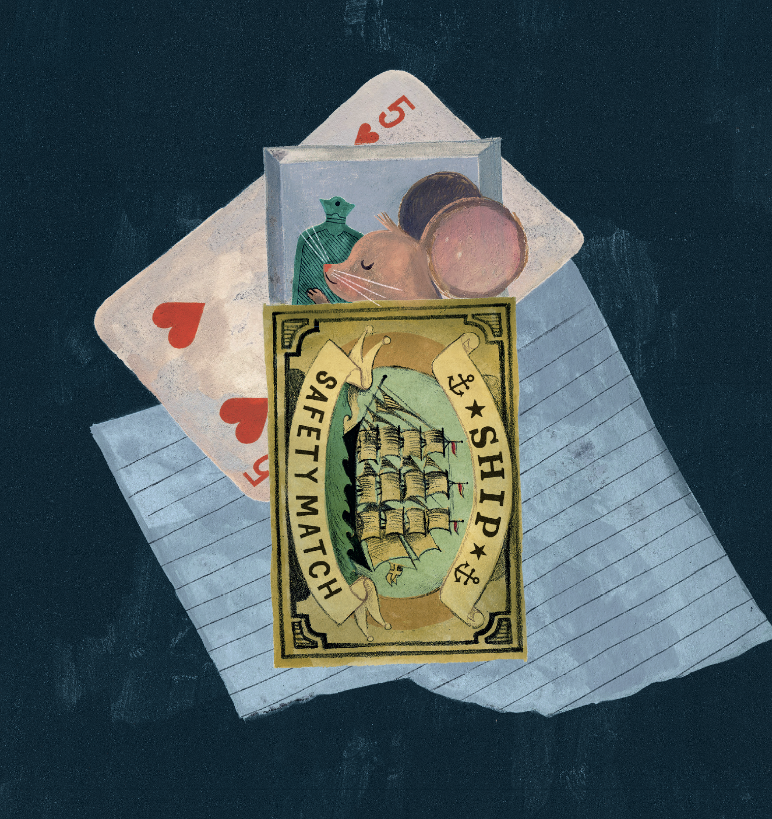 A photograph of a desktop with playing cards, a drawing of a person, a ship, and handwritten notes on lined paper.
