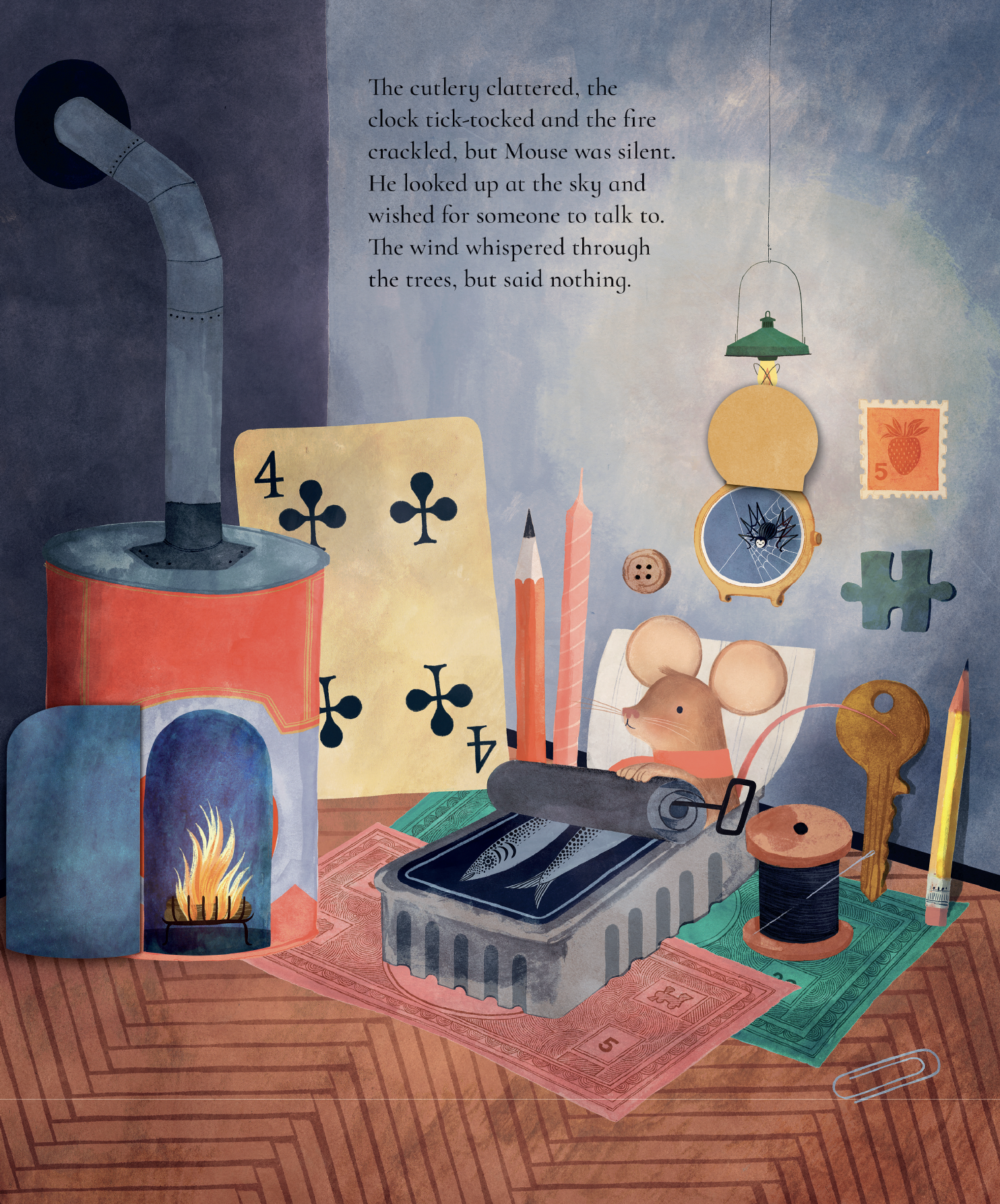 A cozy room with a fireplace, a mouse on a rolled-up rug, a fish on a tray, a lamp with a spider on the clock face, and various objects including playing cards, thread spools, buttons, and a broom. A snippet of text is visible on the wall.