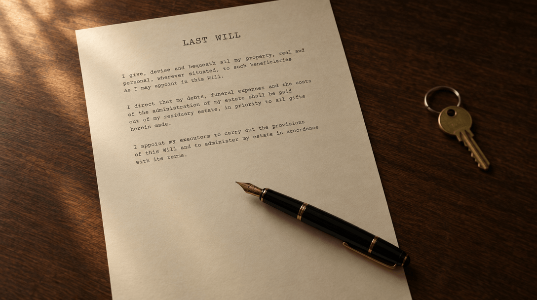 A typed will with a blank space where a clause should be, beside a house key and a pen