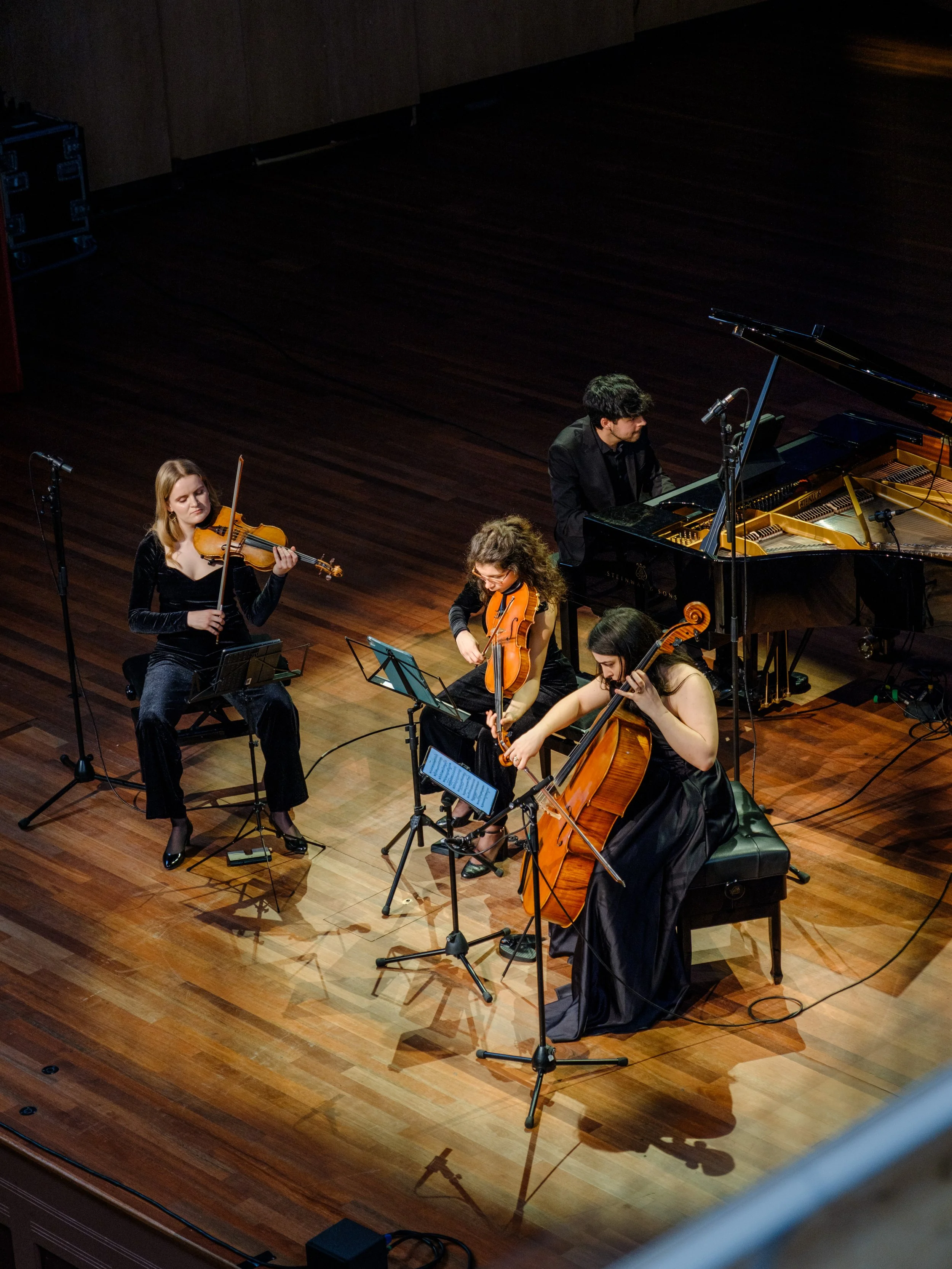 A classical music ensemble performing on stage with string and grand piano.