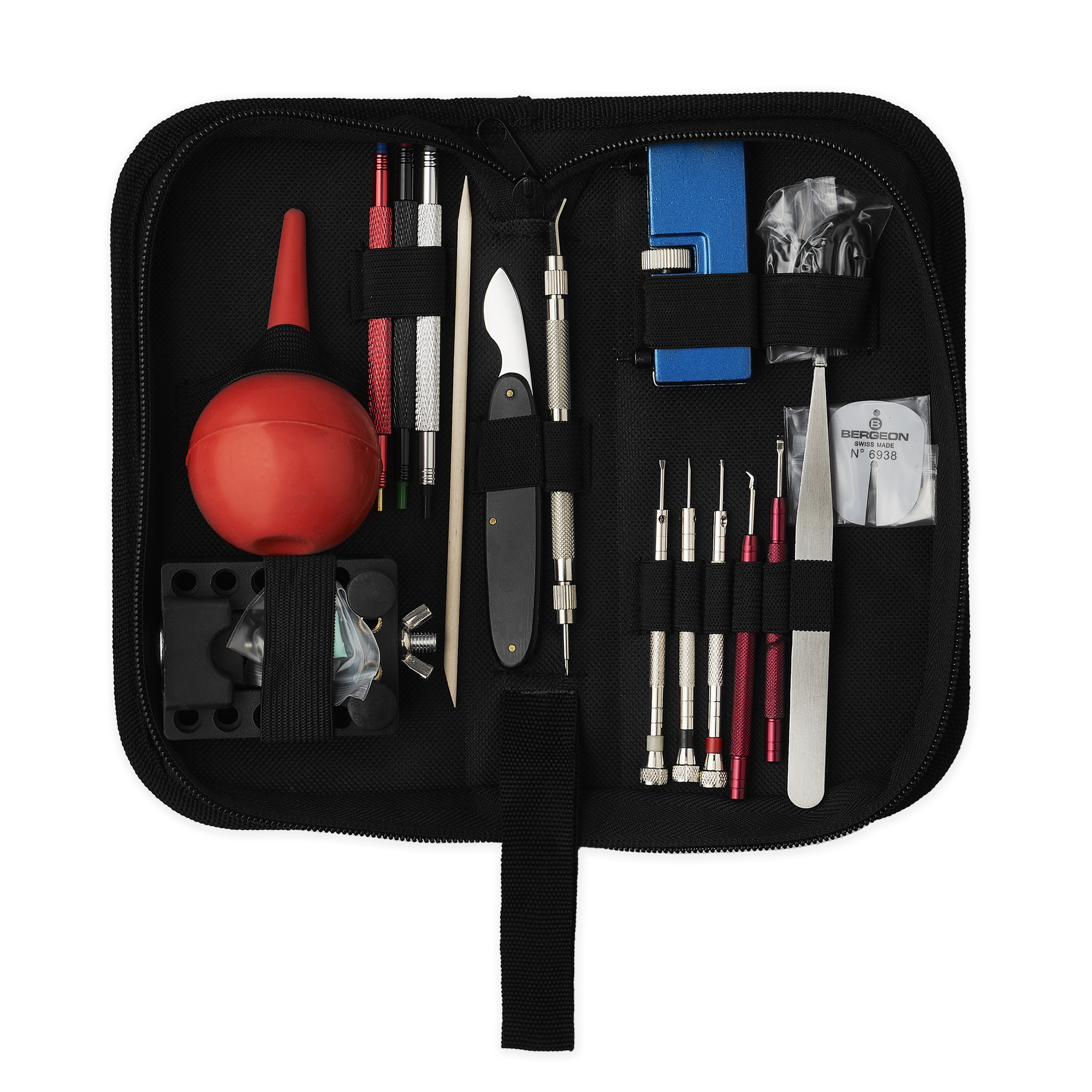 Watchmaking tools arranged in an open black zip case
