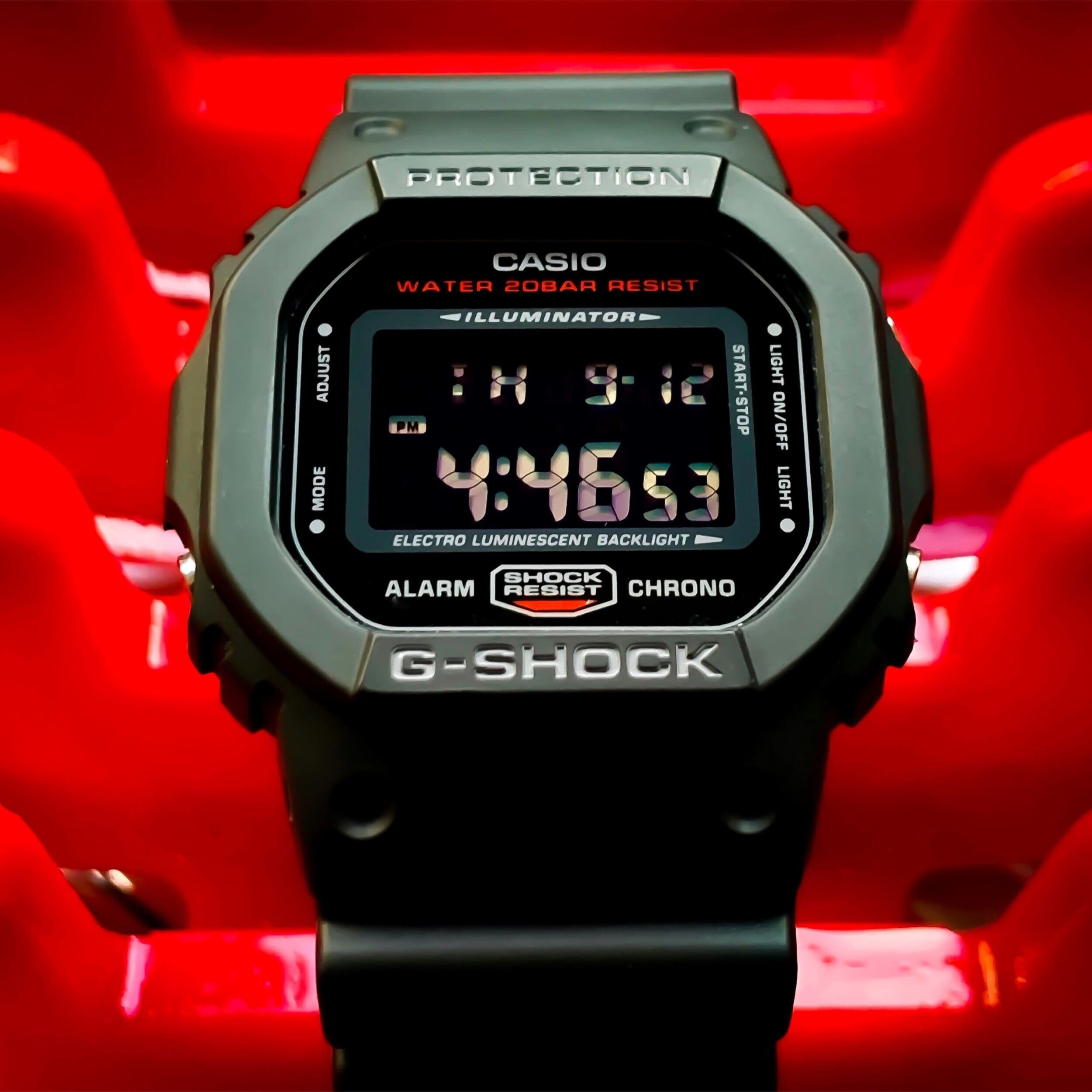 Casio G-SHOCK DW-5600 negative LCD display shown as a comparison to the newer GW-BX5600 MIP display