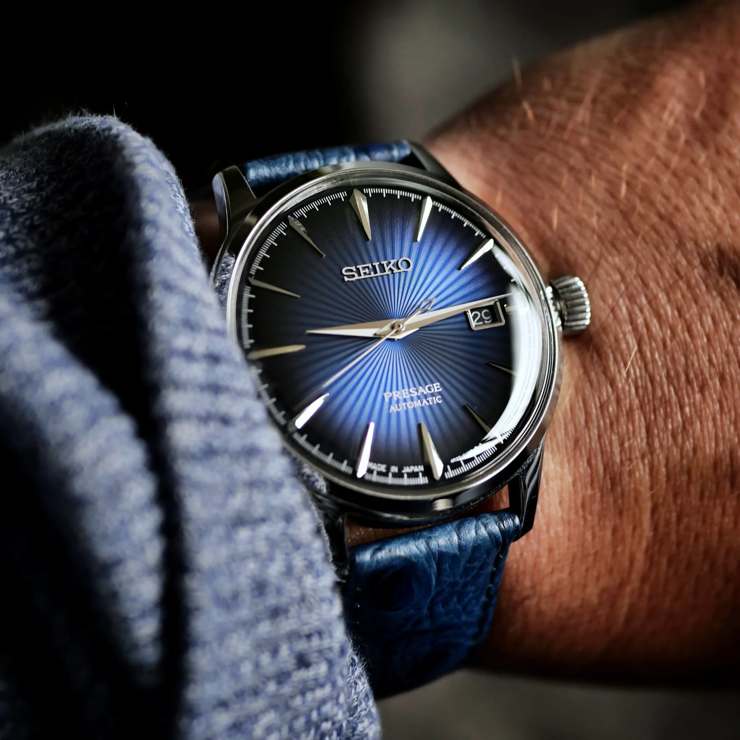 Seiko Presage Blue Moon SRPB41J1 worn on the wrist with a blue leather strap