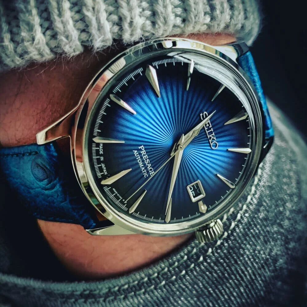 Close-up of the Seiko Presage Blue Moon SRPB41J1 showing its striking blue sunray dial