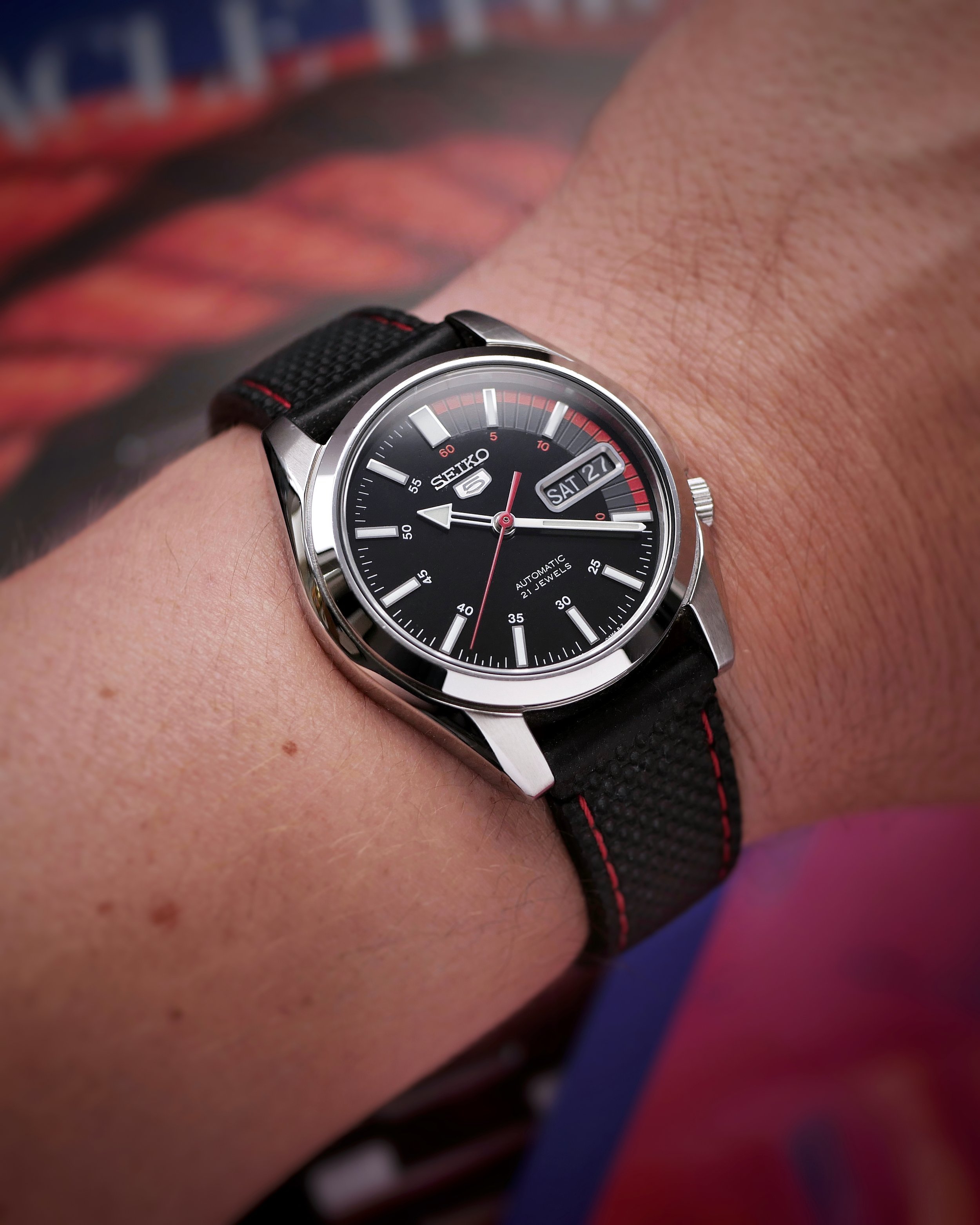 Seiko Black rubber red stitching watch strap
