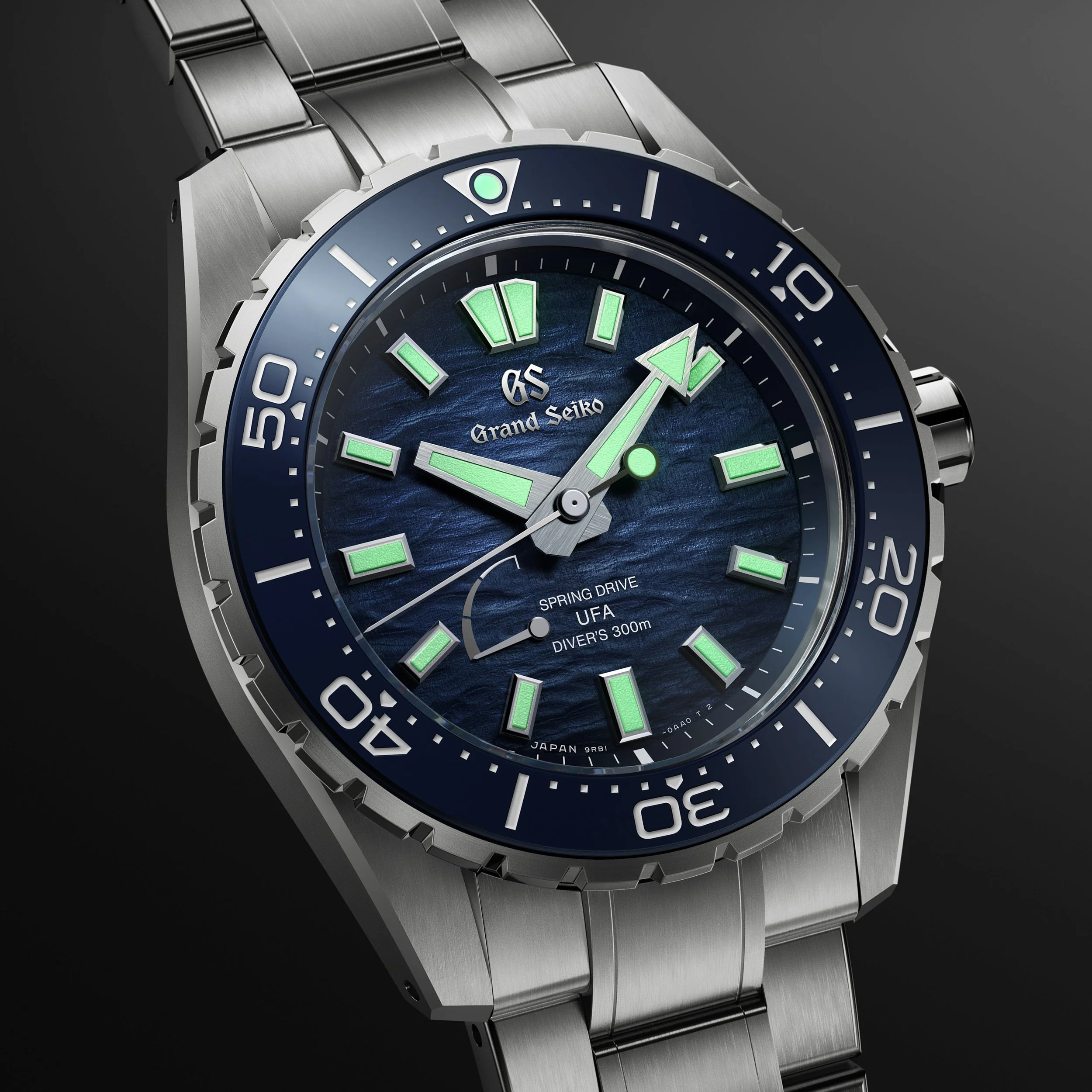 Grand Seiko SLGB023 Ushio 300 Diver with blue textured dial, titanium bracelet and LumiBrite markers.