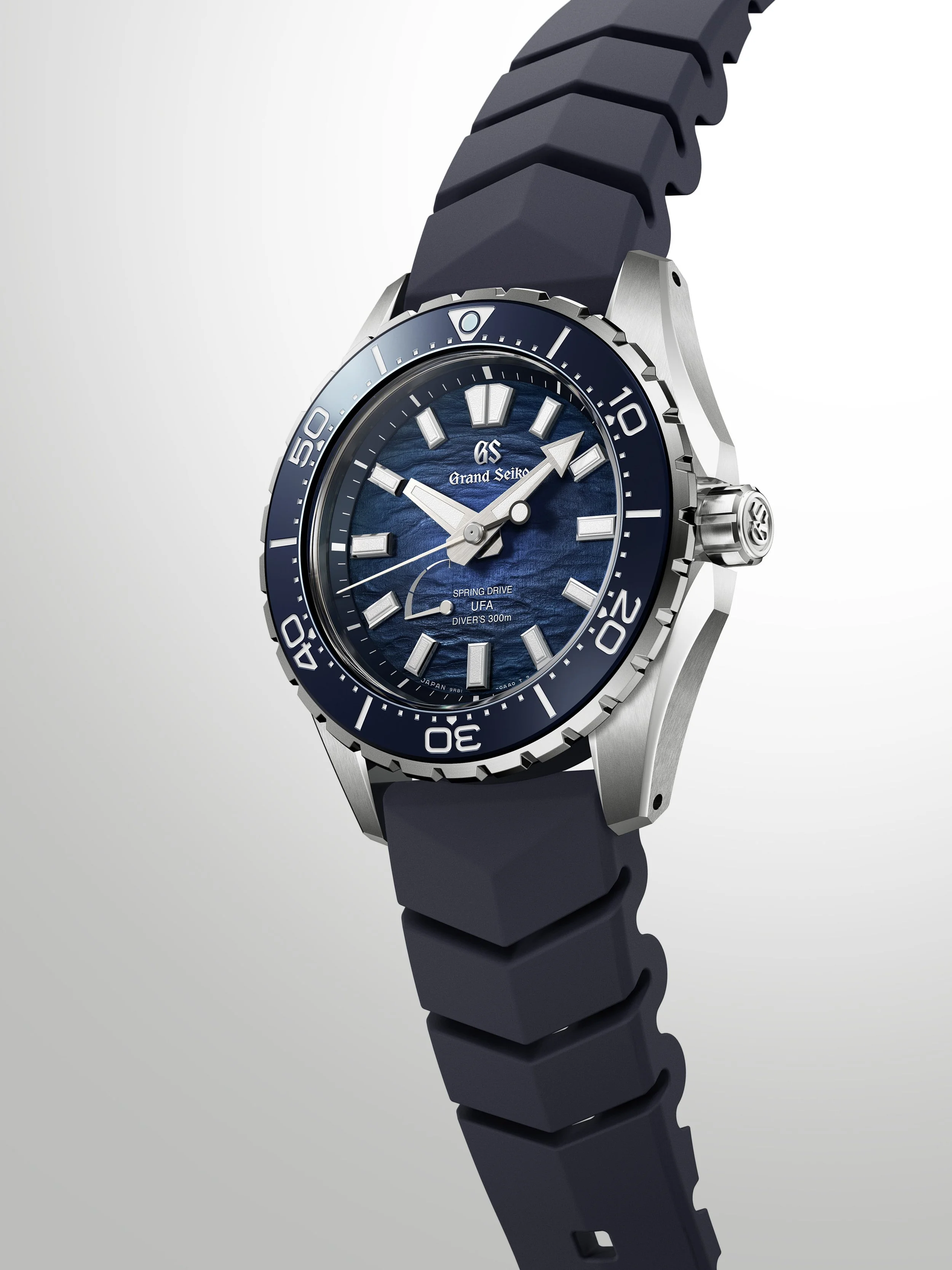 Grand Seiko SLGB023 Ushio 300 Diver with blue textured dial on colour-matched rubber strap.
