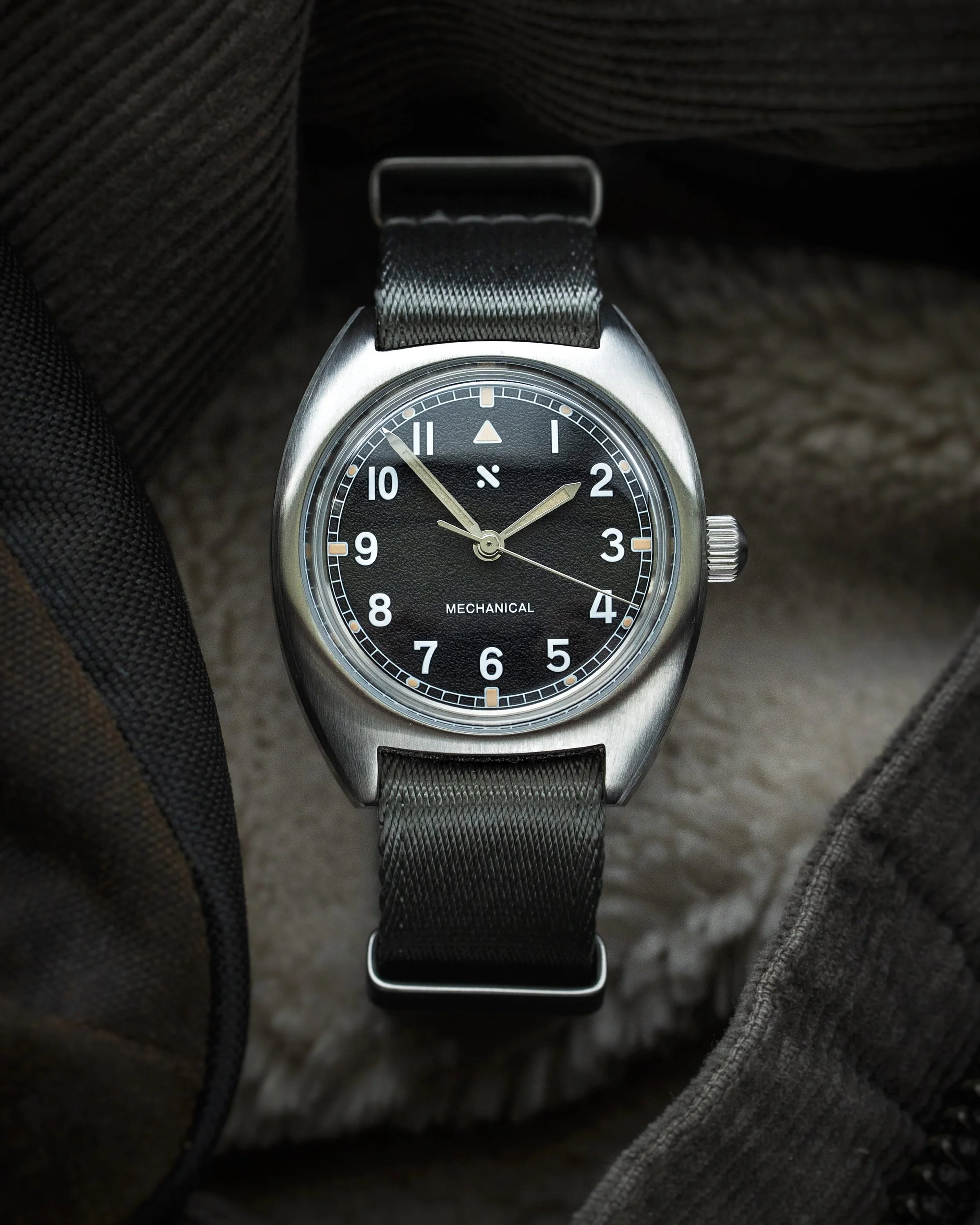 Namoki Mods NMK21 pilot watch with black textured dial and grey NATO strap
