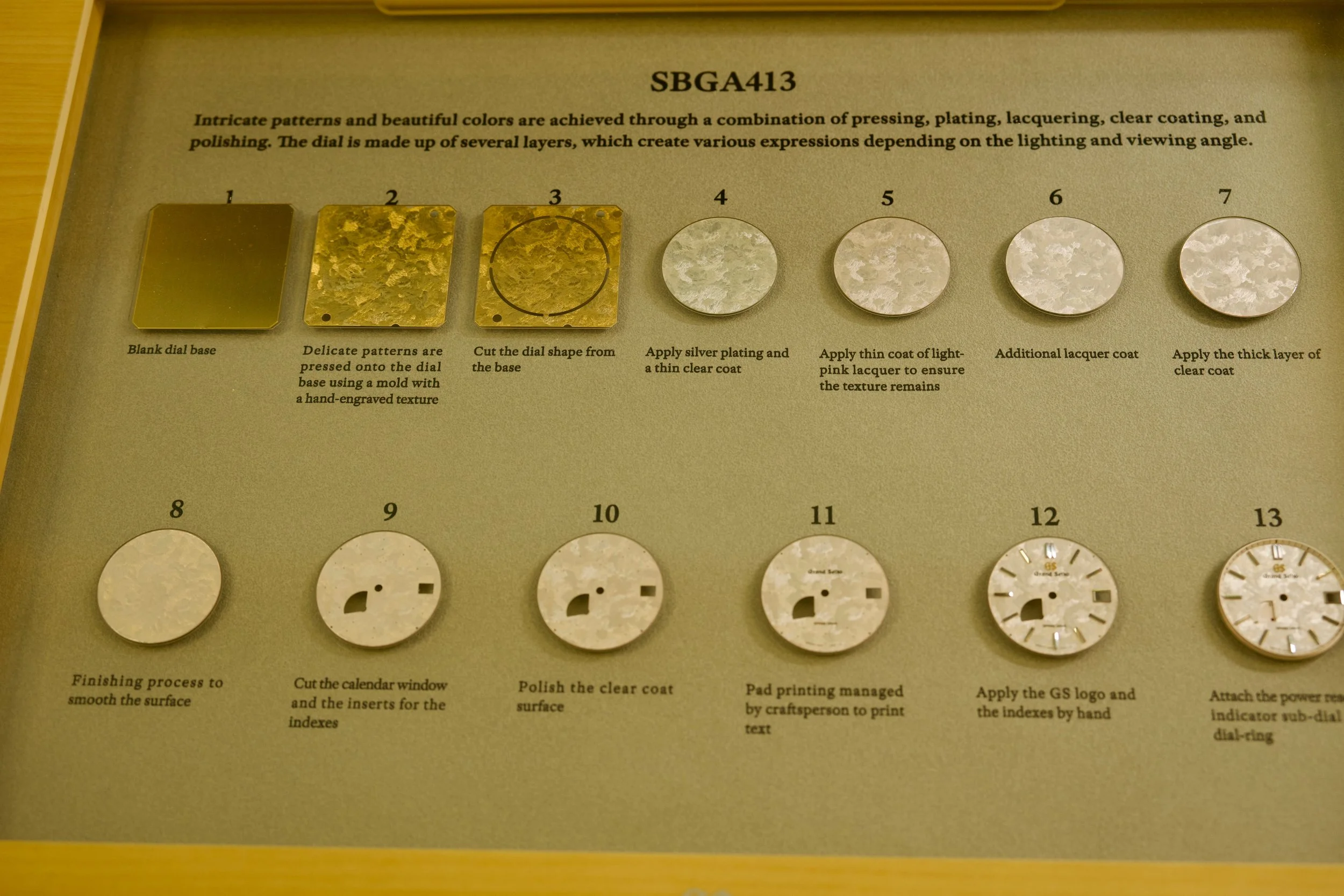 Display showing the stages of the Grand Seiko SBGA413 dial-making process, from blank base to finished dial.