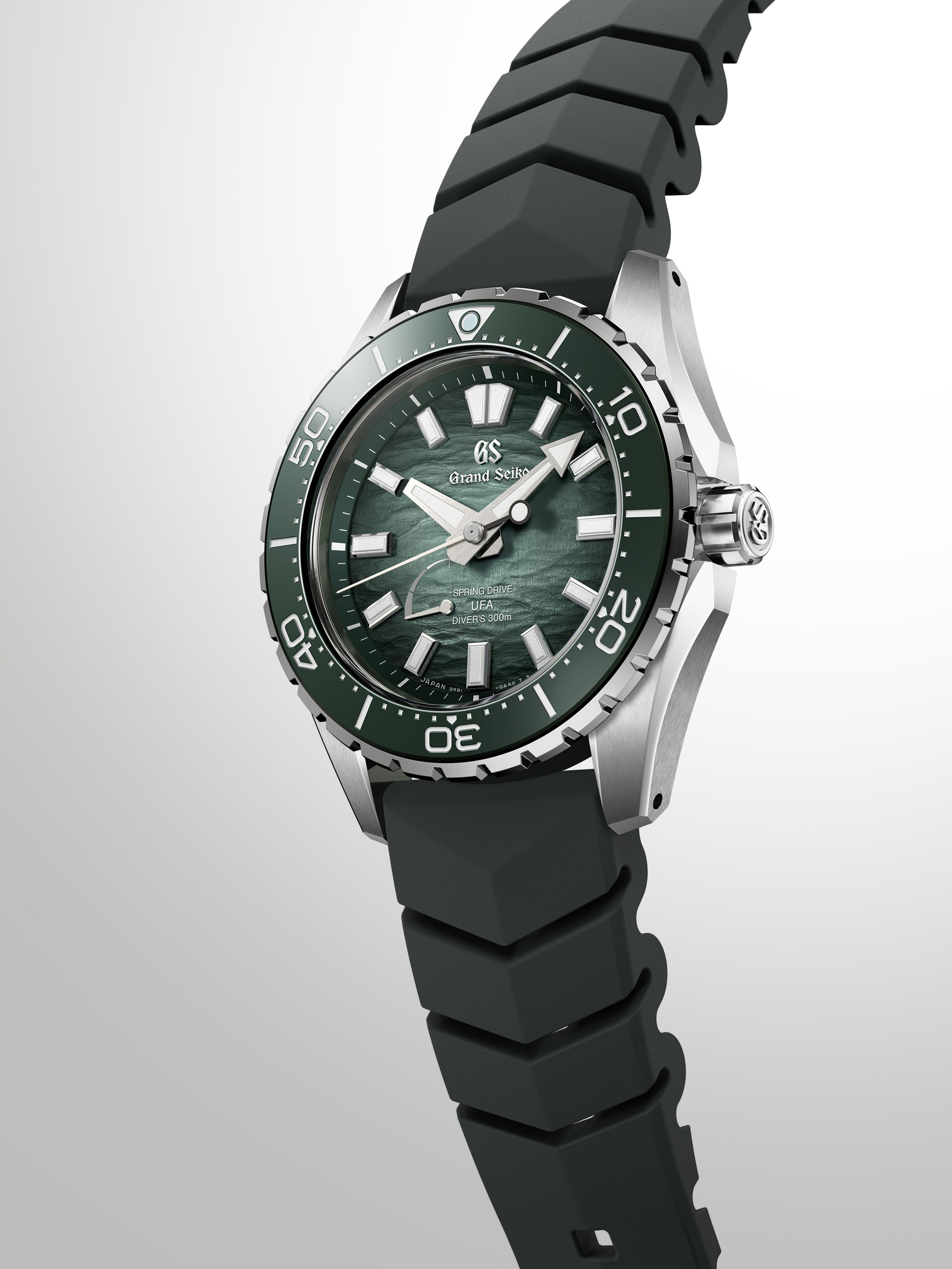 Grand Seiko SLGB025 Ushio 300 Diver with green textured dial on colour-matched rubber strap.