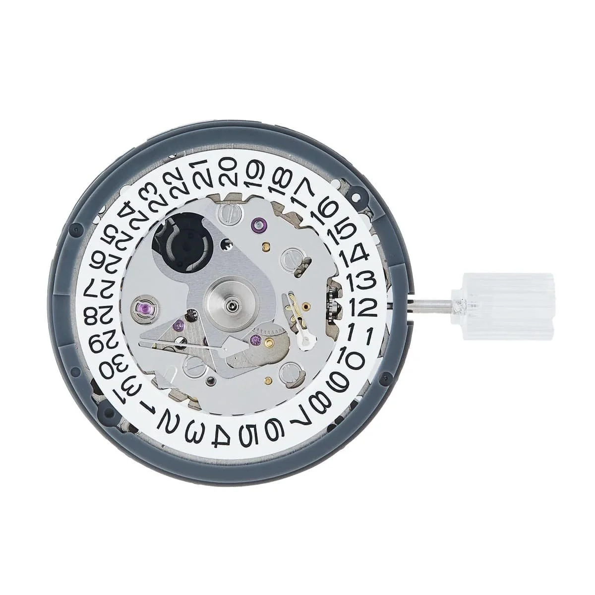Dial side of an NH35 automatic movement showing its date wheel and winding stem