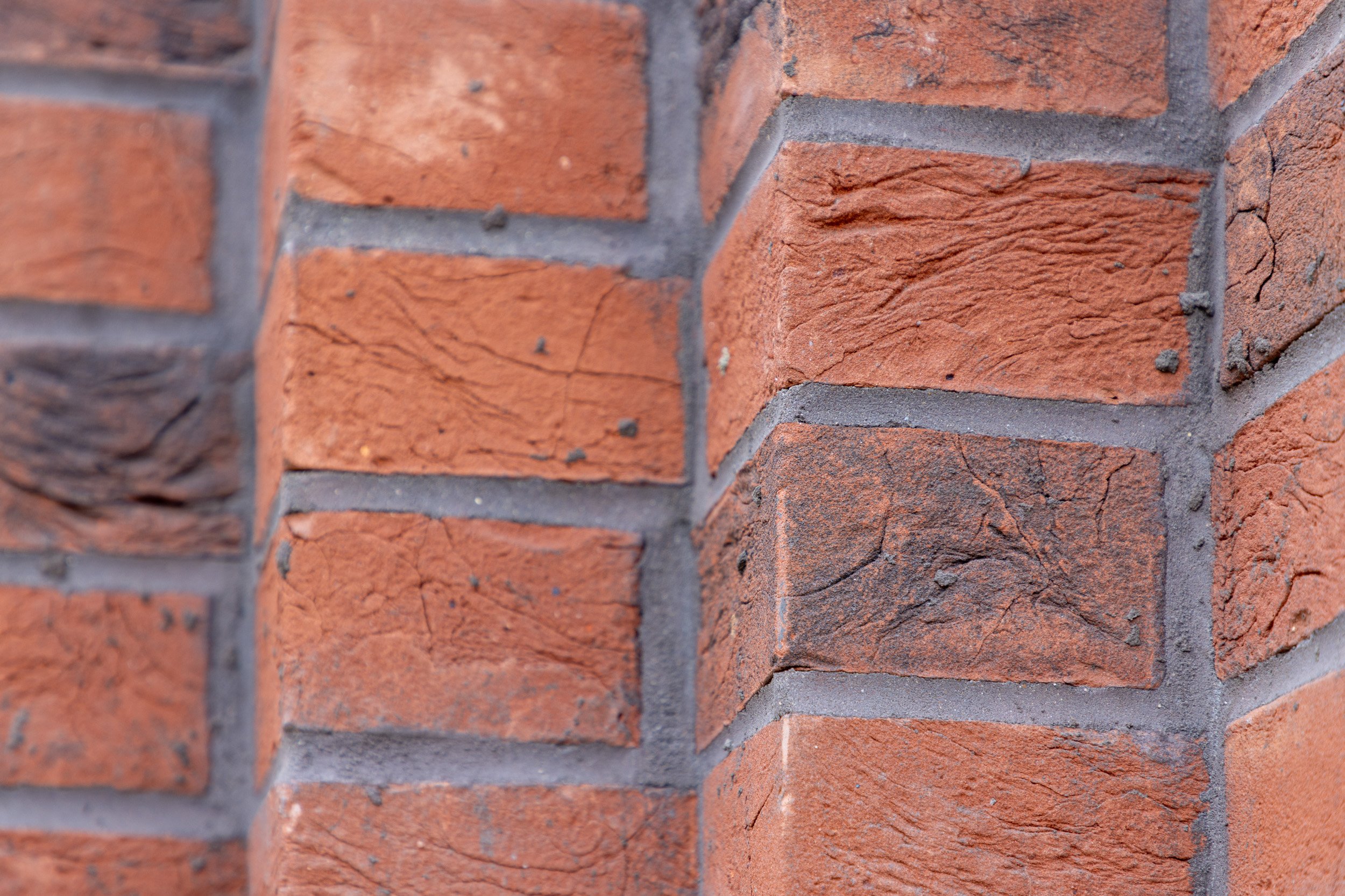 Close-up of a brick wall with red bricks and gray mortar.