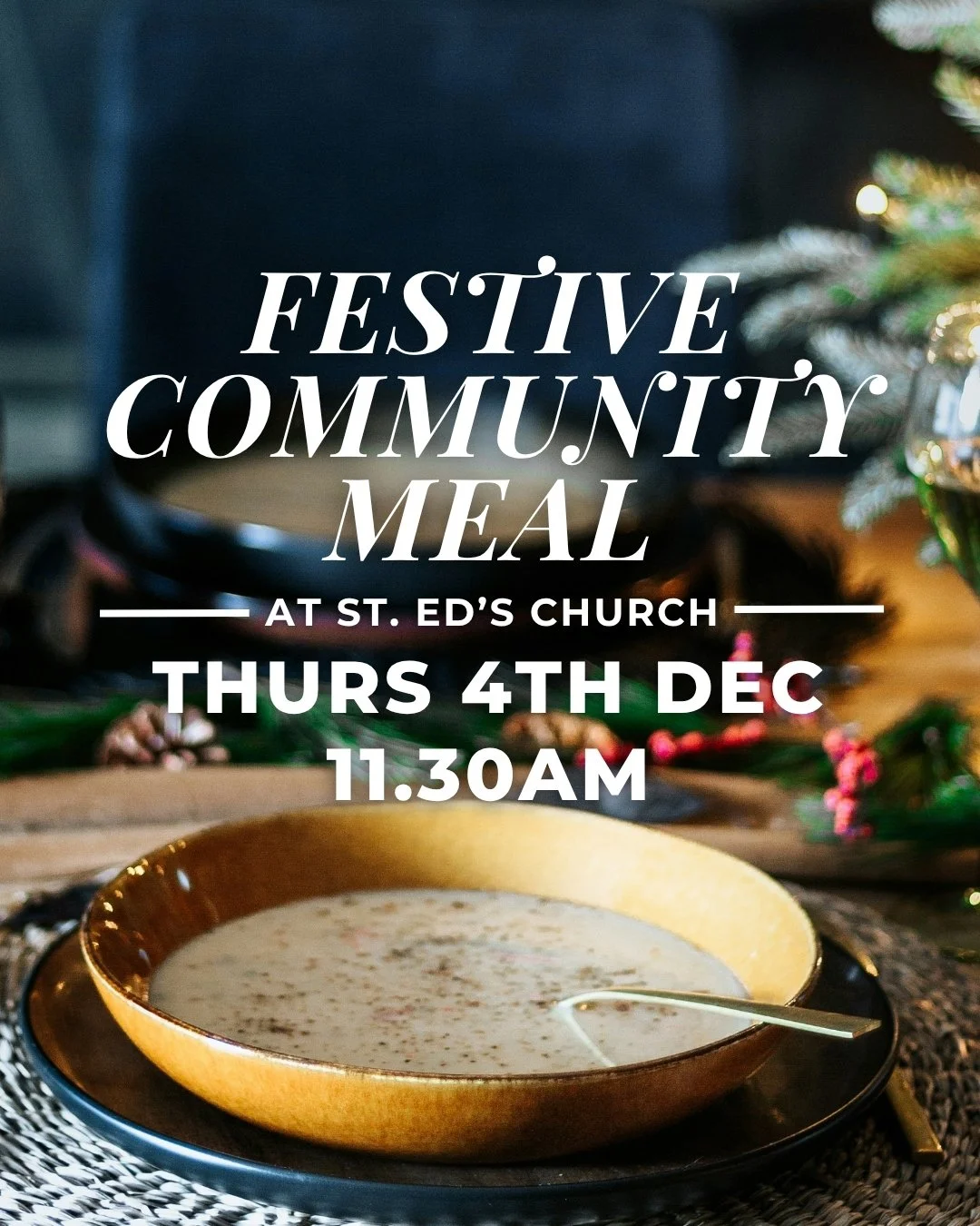 Festive Community Meal
Thursday 4 December, 10.30 am &ndash; 12 pm at The Living Room
Festive soup served from 11.30am

The season of goodwill is all about being together &mdash; sharing food, laughter and a touch of Christmas cheer. Everyone is welc