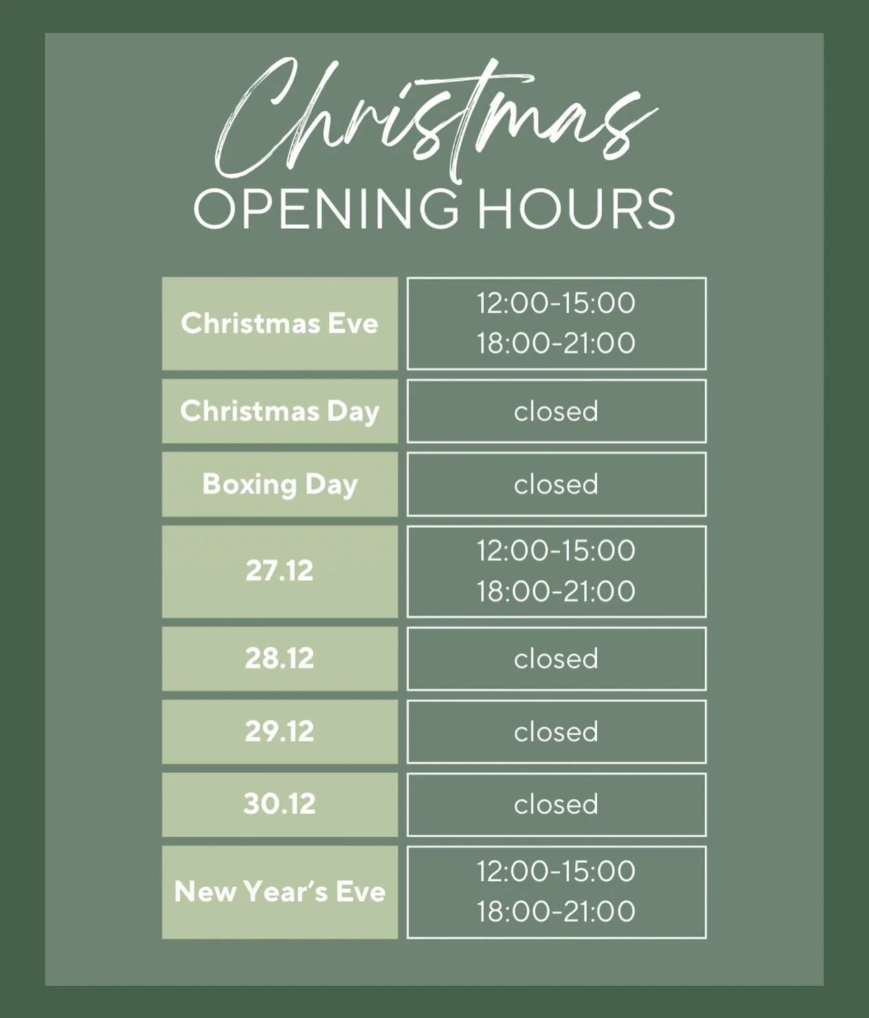 Christmas 2025 is nearly upon us! 🎄 
We&rsquo;re looking forward to welcoming you over the festive period! Please refer to our opening hours for Christmas and NYE to avoid any disappointment before visiting! 

Please note that we&rsquo;ll be closing