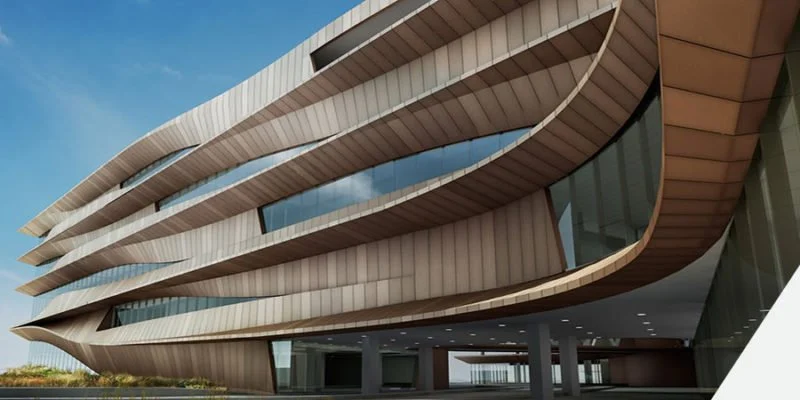 Modern multi-story building with curved, layered wooden and glass exterior design.
