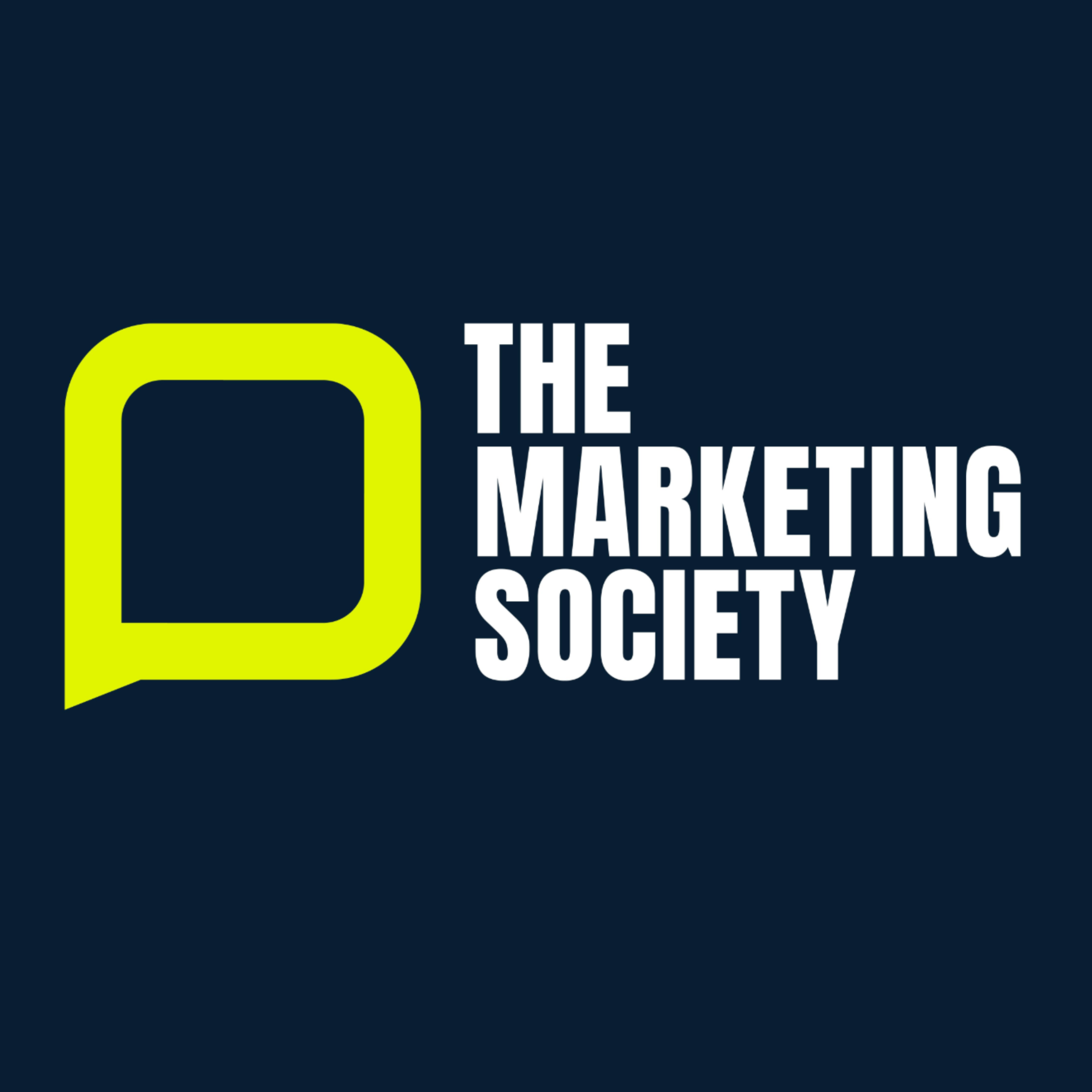 Logo of The Marketing Society, featuring a lime green speech bubble shape next to the organization's name in white text on a dark background.